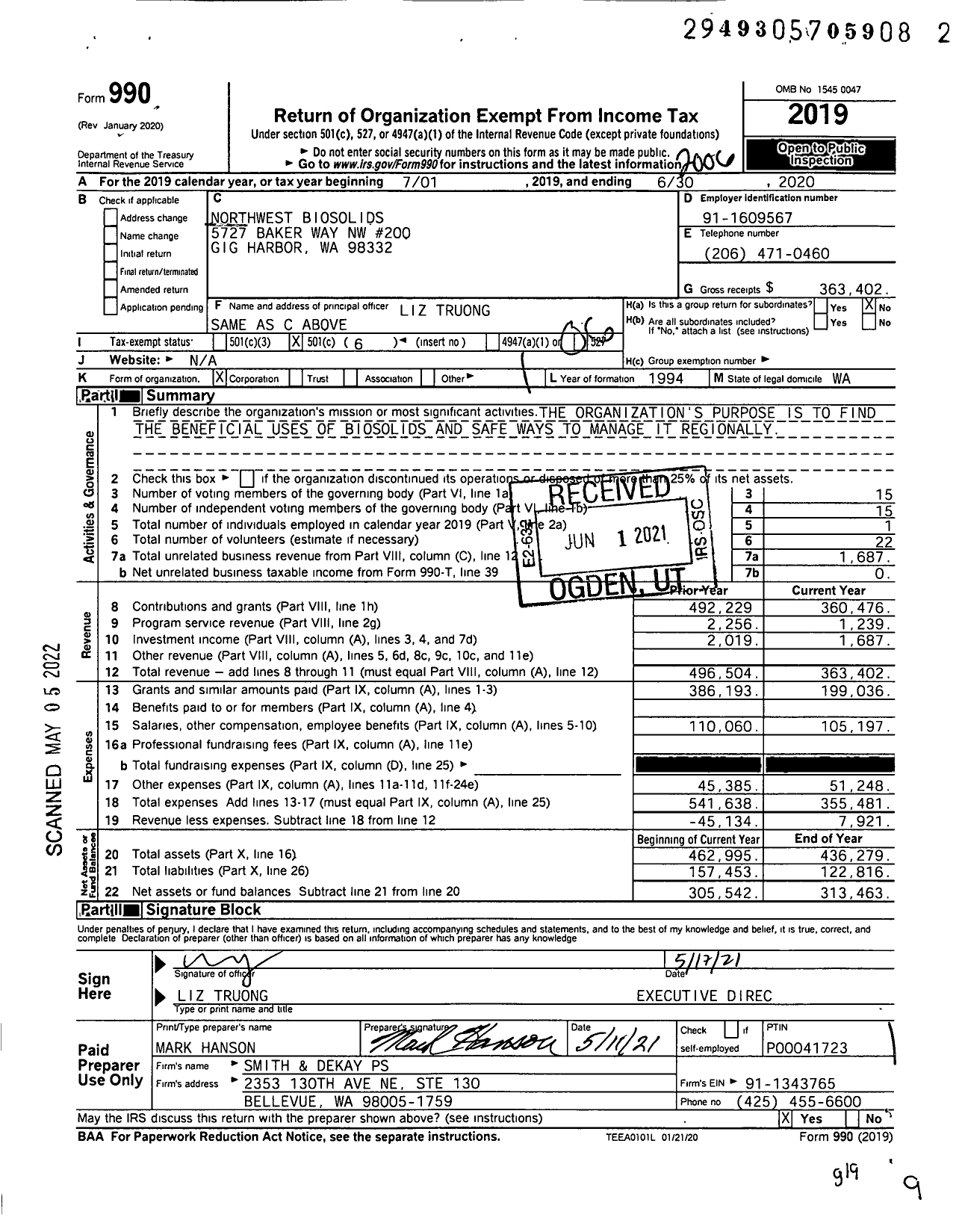 Image of first page of 2019 Form 990O for Northwest Biosolids