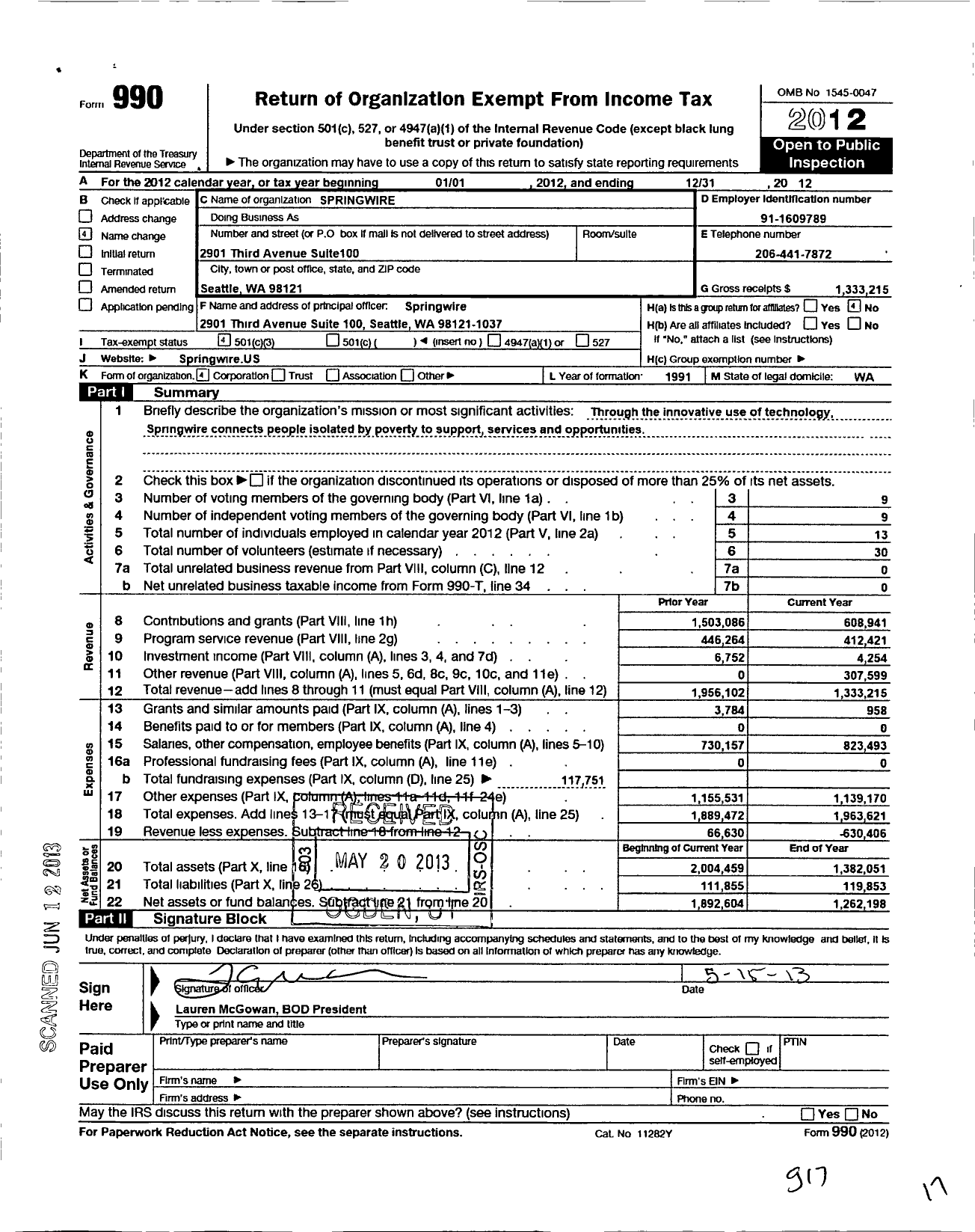 Image of first page of 2012 Form 990 for Springwire