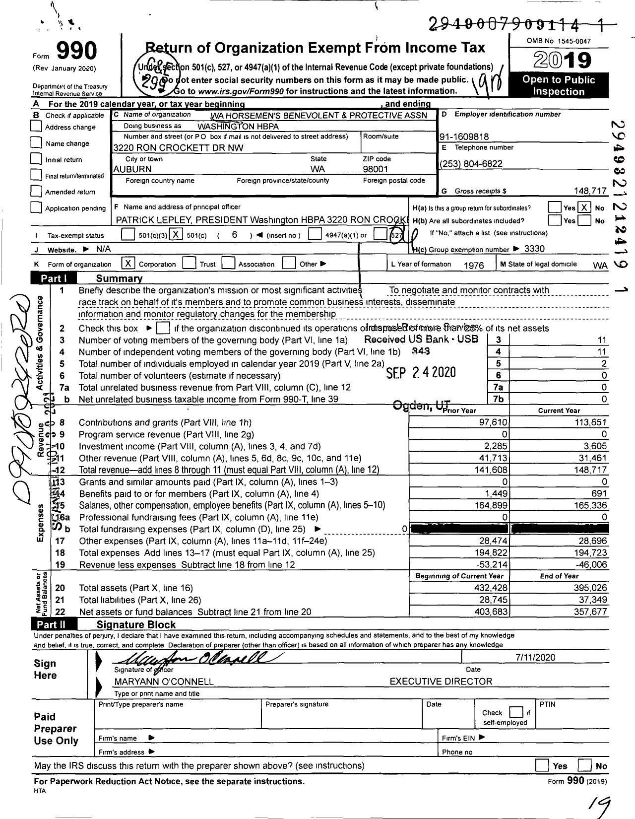 Image of first page of 2019 Form 990O for Washington Hbpa