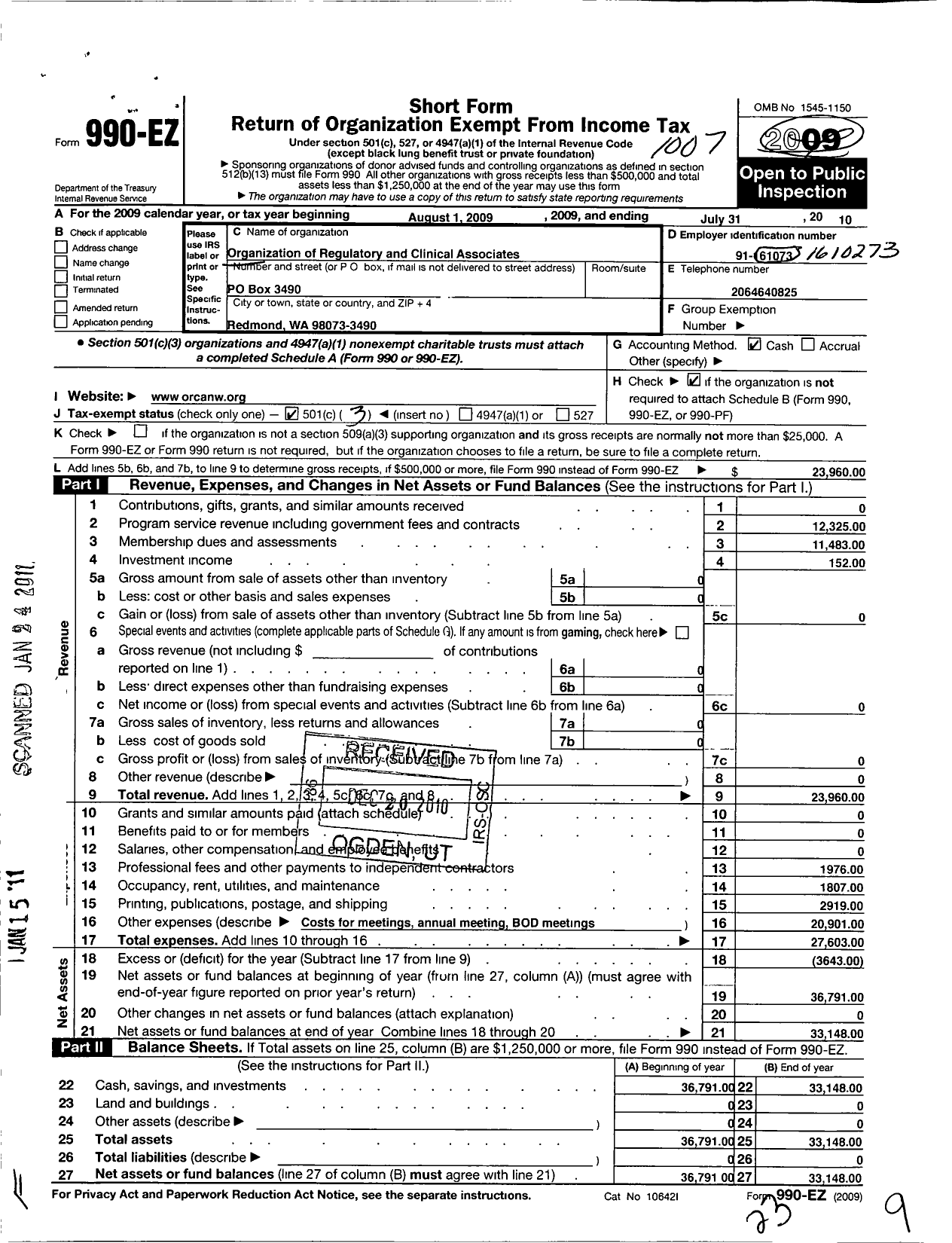 Image of first page of 2009 Form 990EZ for Organization of Regulatory and Clinical Associates