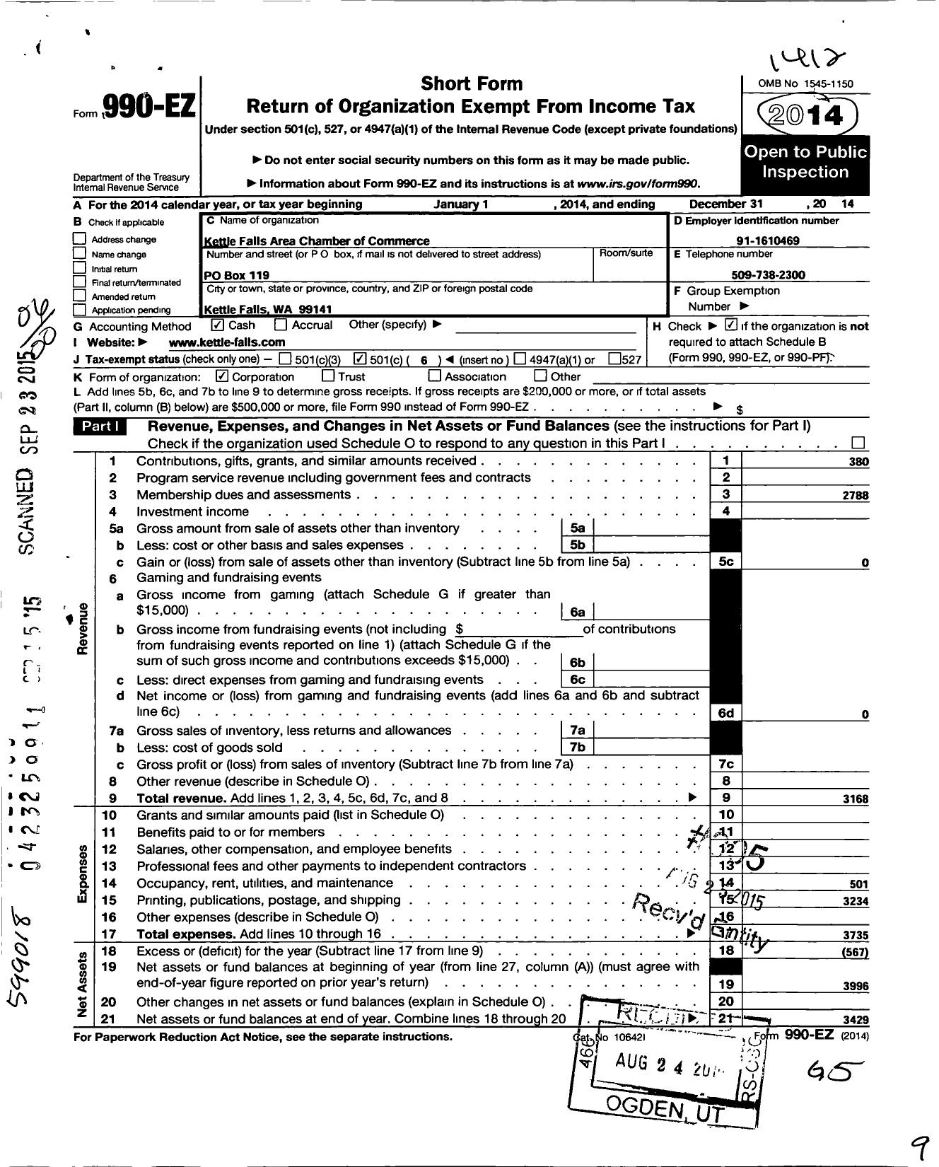 Image of first page of 2014 Form 990EO for Kettle Falls Area Chamber of Commerce