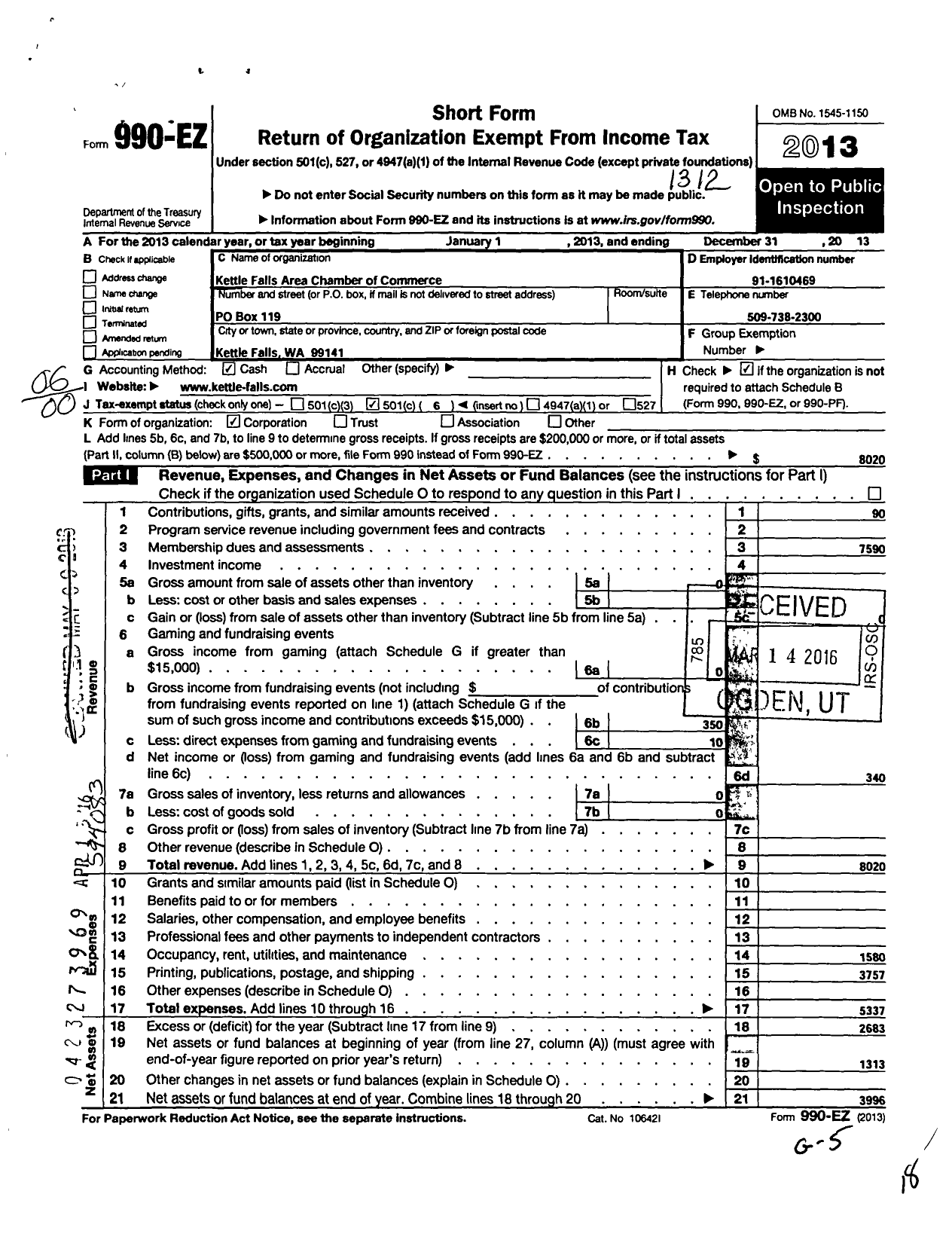 Image of first page of 2013 Form 990EO for Kettle Falls Area Chamber of Commerce