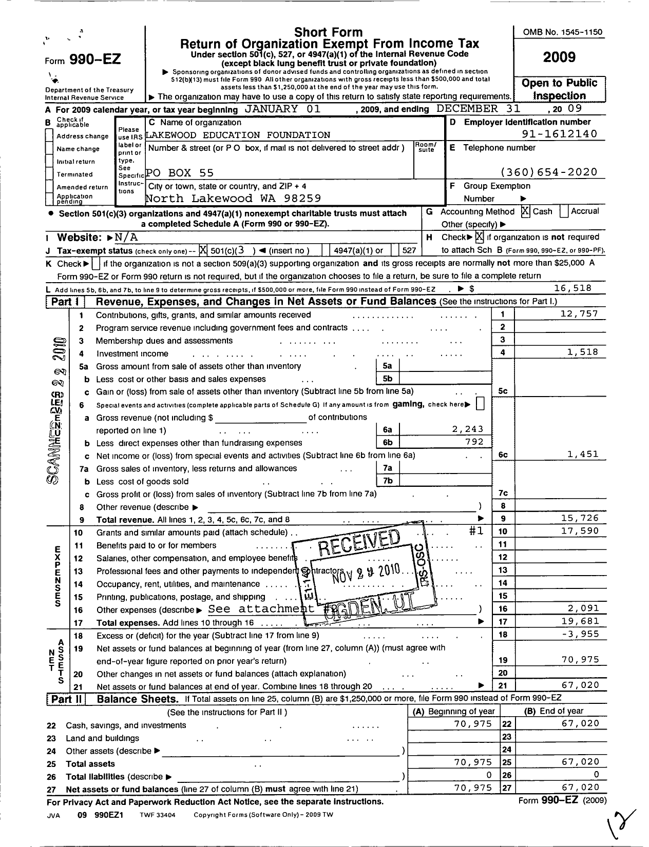 Image of first page of 2009 Form 990EZ for Lakewood Educational Foundation A Charitable Foundation