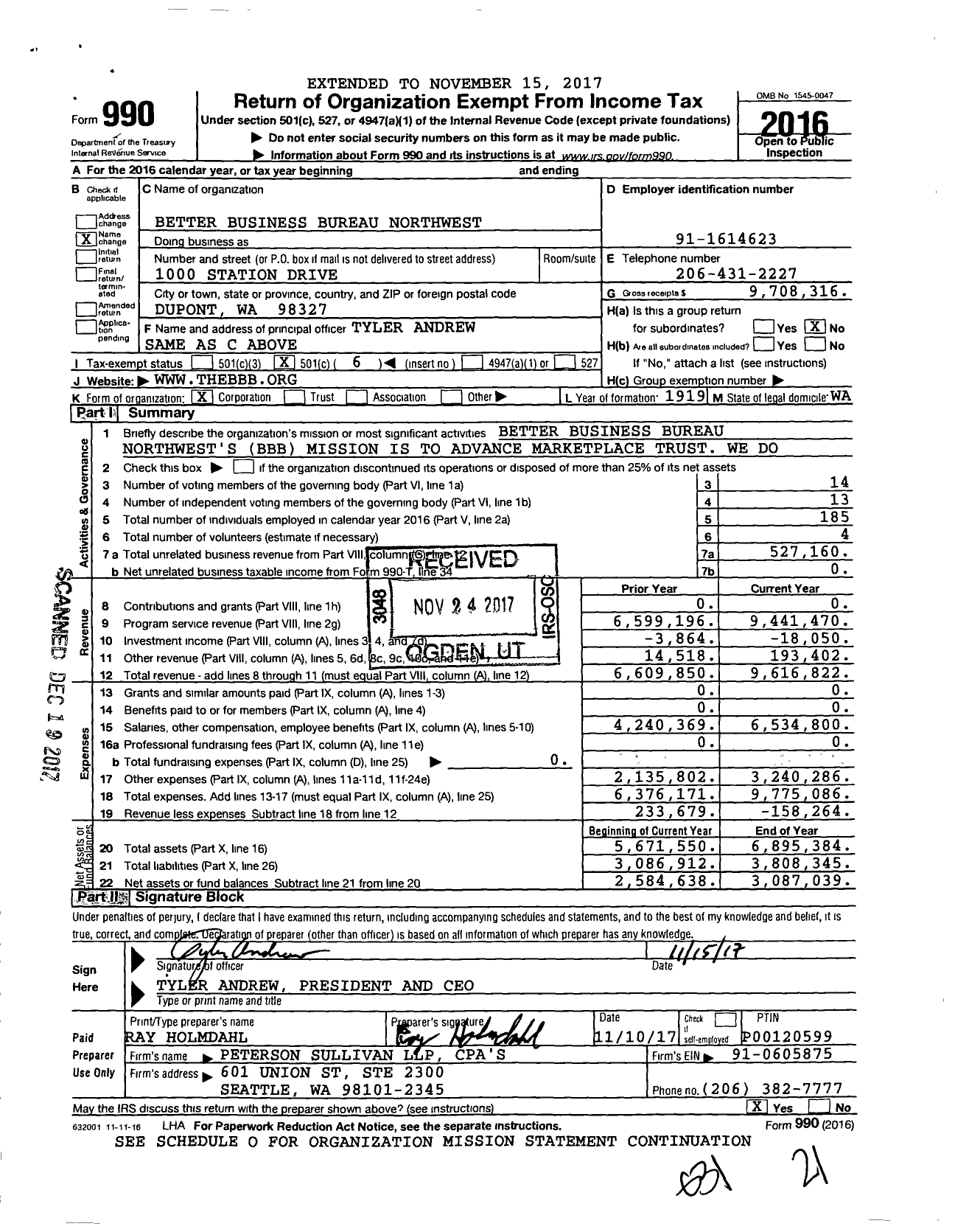Image of first page of 2016 Form 990O for Better Business Bureau Great West and Pacific