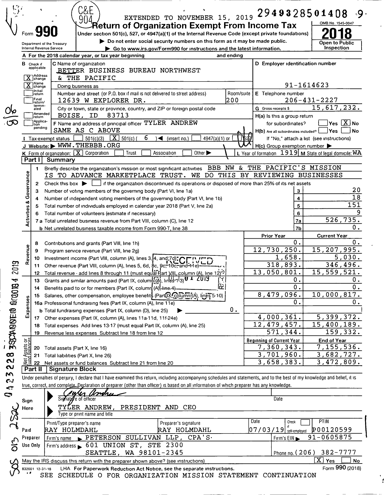 Image of first page of 2018 Form 990 for Better Business Bureau Great West and Pacific