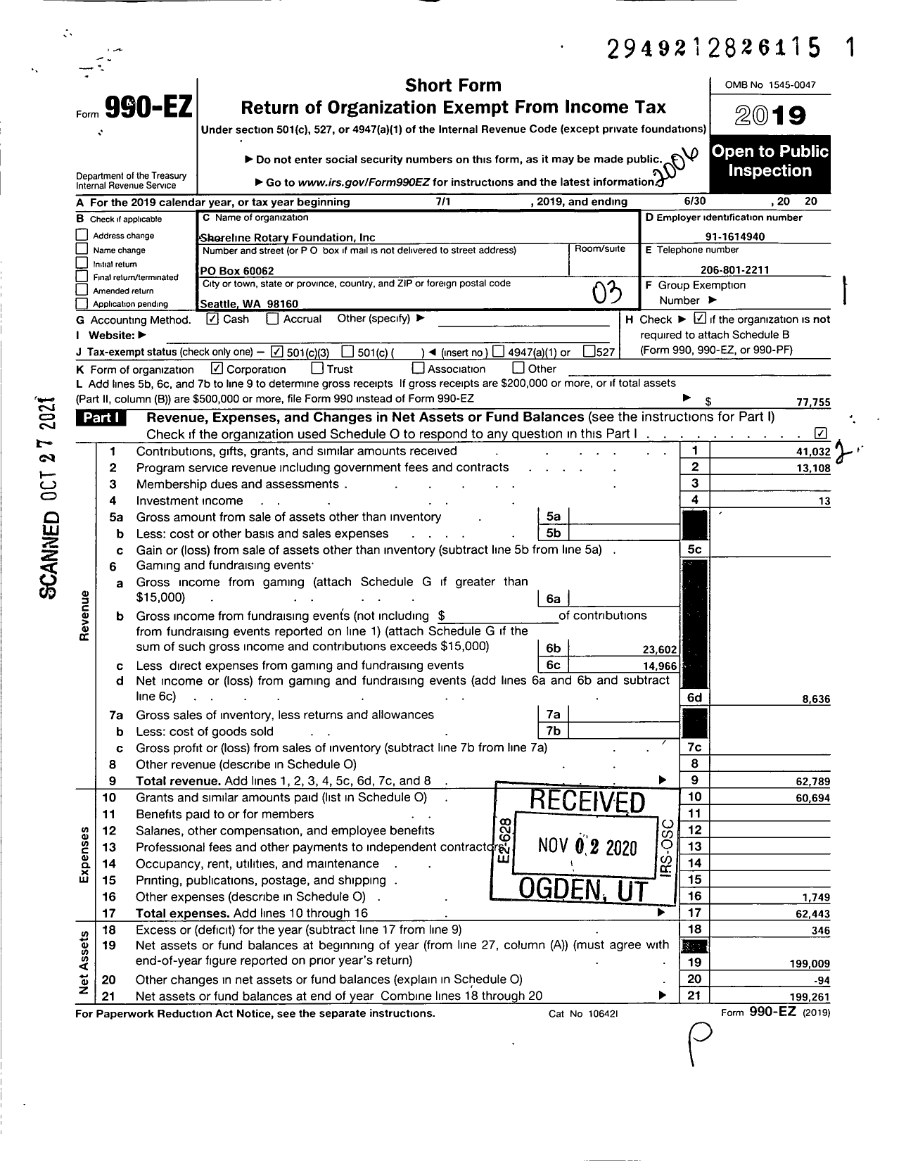 Image of first page of 2019 Form 990EZ for Shoreline Rotary Foundation