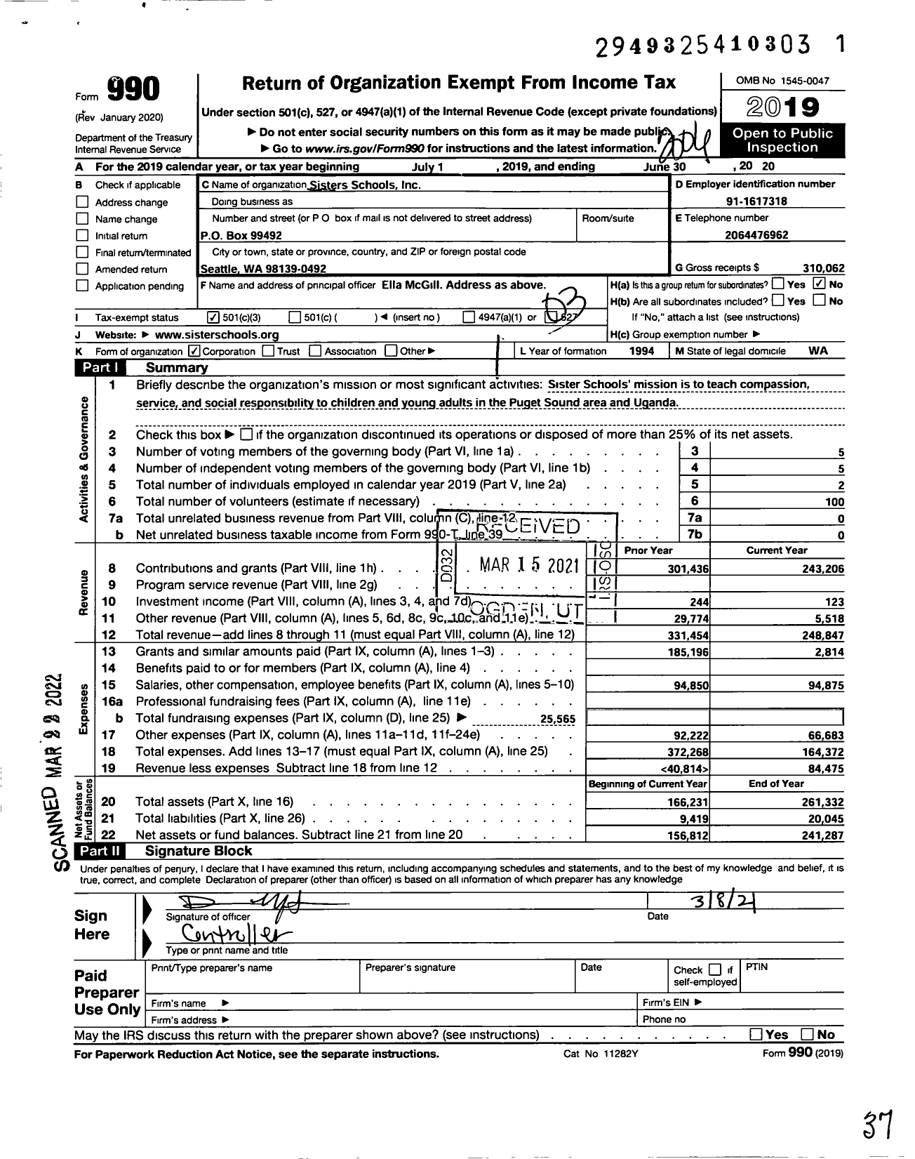 Image of first page of 2019 Form 990 for Sister Schools