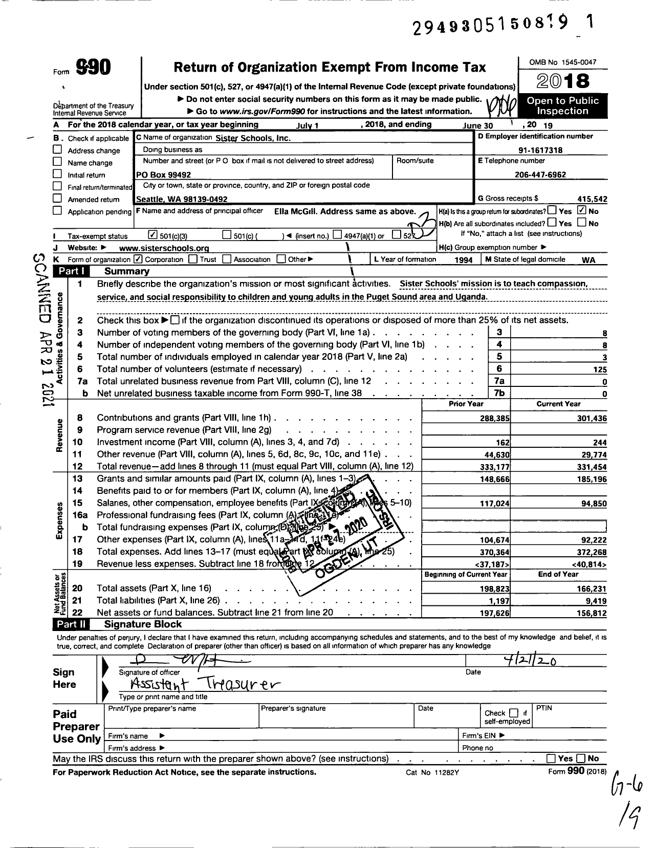 Image of first page of 2018 Form 990 for Sister Schools