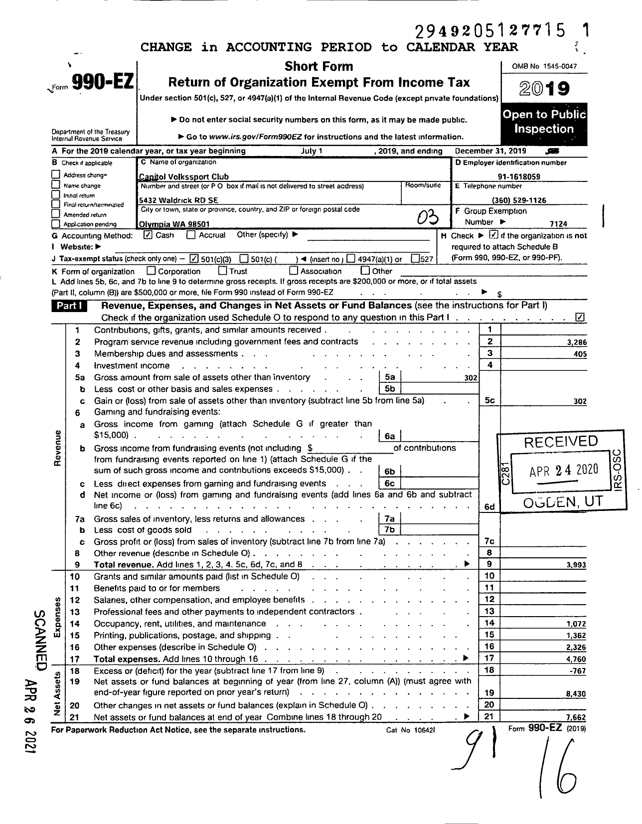 Image of first page of 2019 Form 990EZ for American Volkssport Association - 148 Capitol Volkssport Club