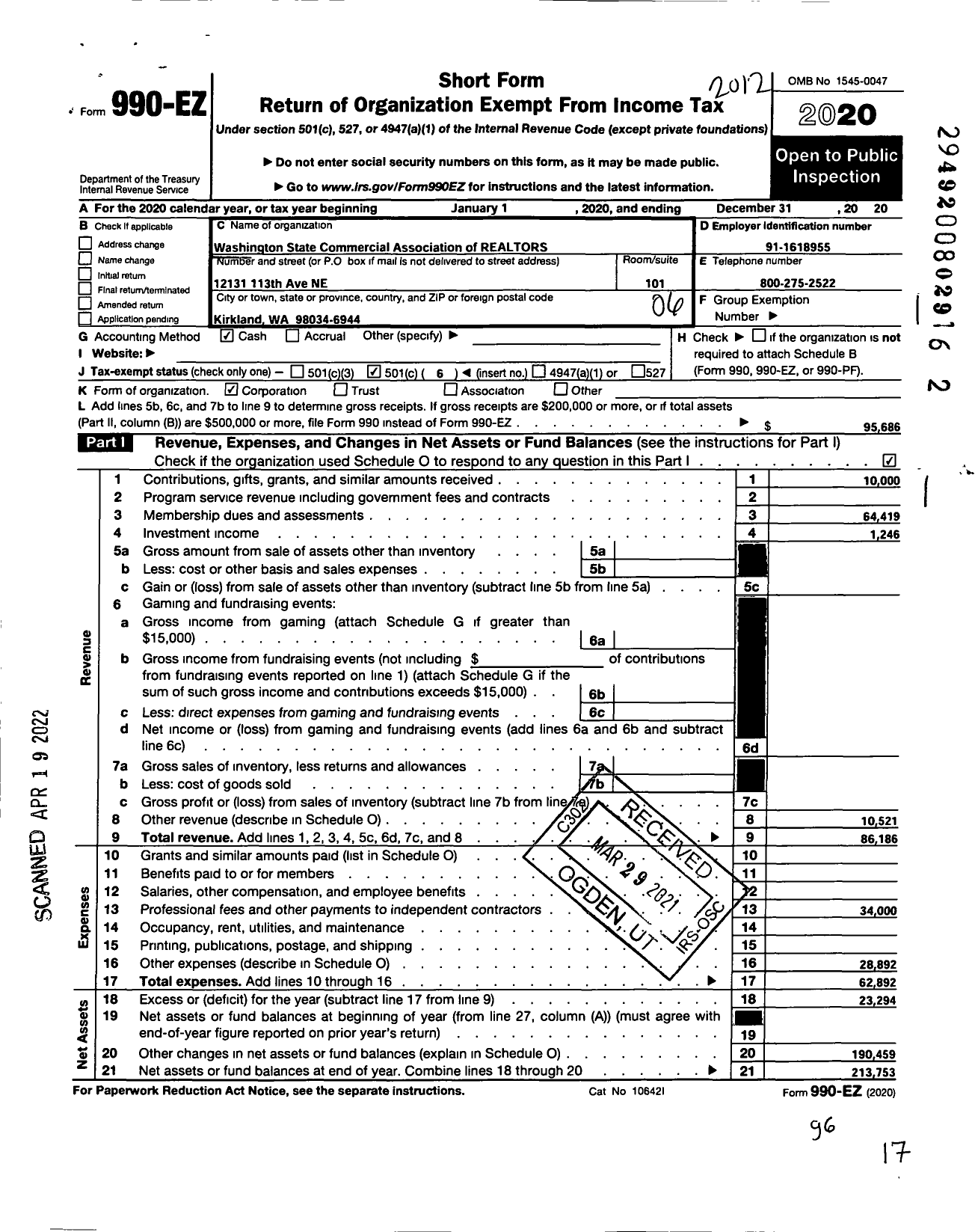 Image of first page of 2020 Form 990EO for Washington State Commercial Association of REALTORS