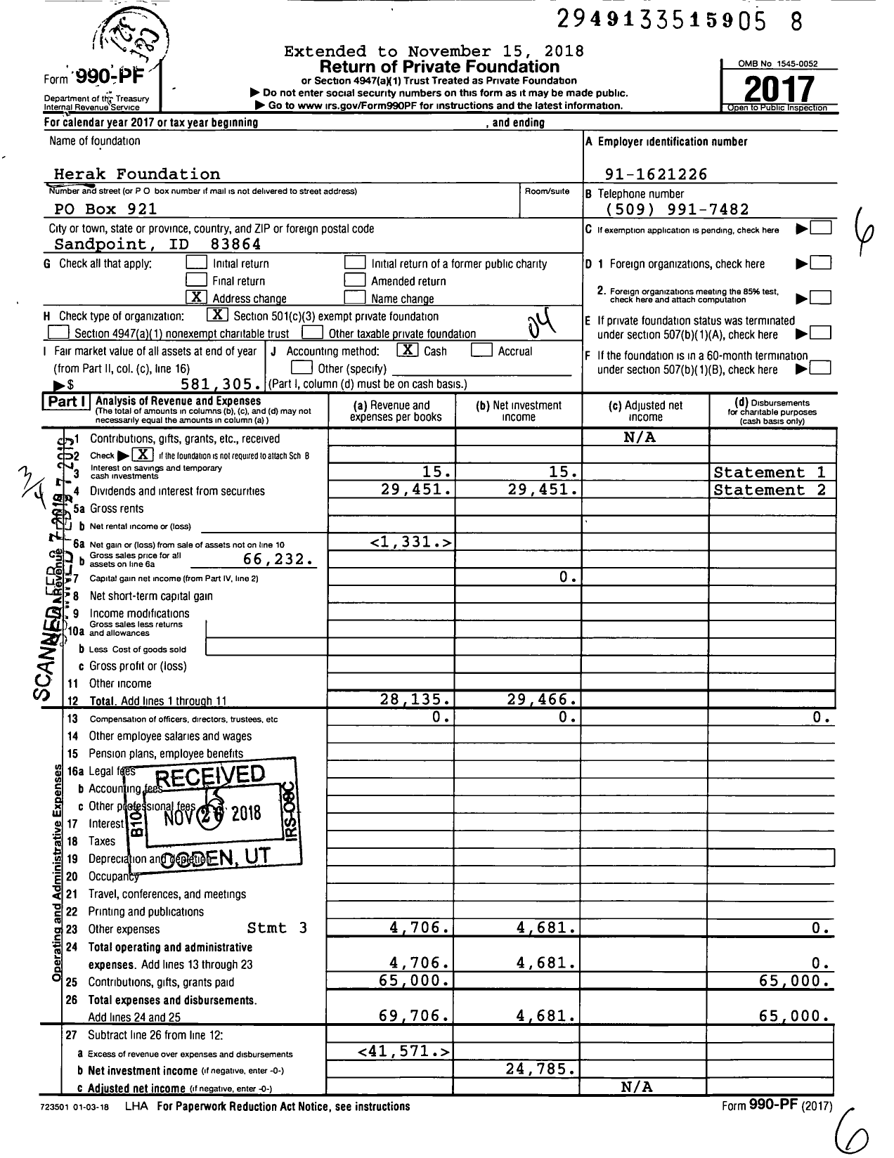 Image of first page of 2017 Form 990PF for Herak Foundation