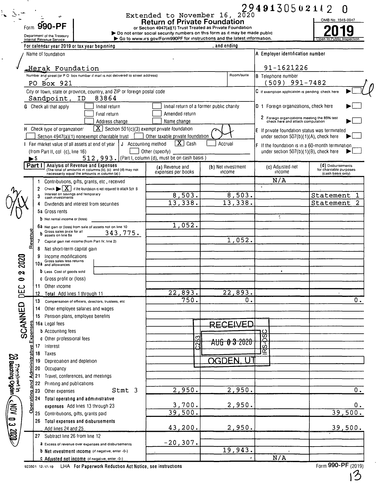 Image of first page of 2019 Form 990PF for Herak Foundation