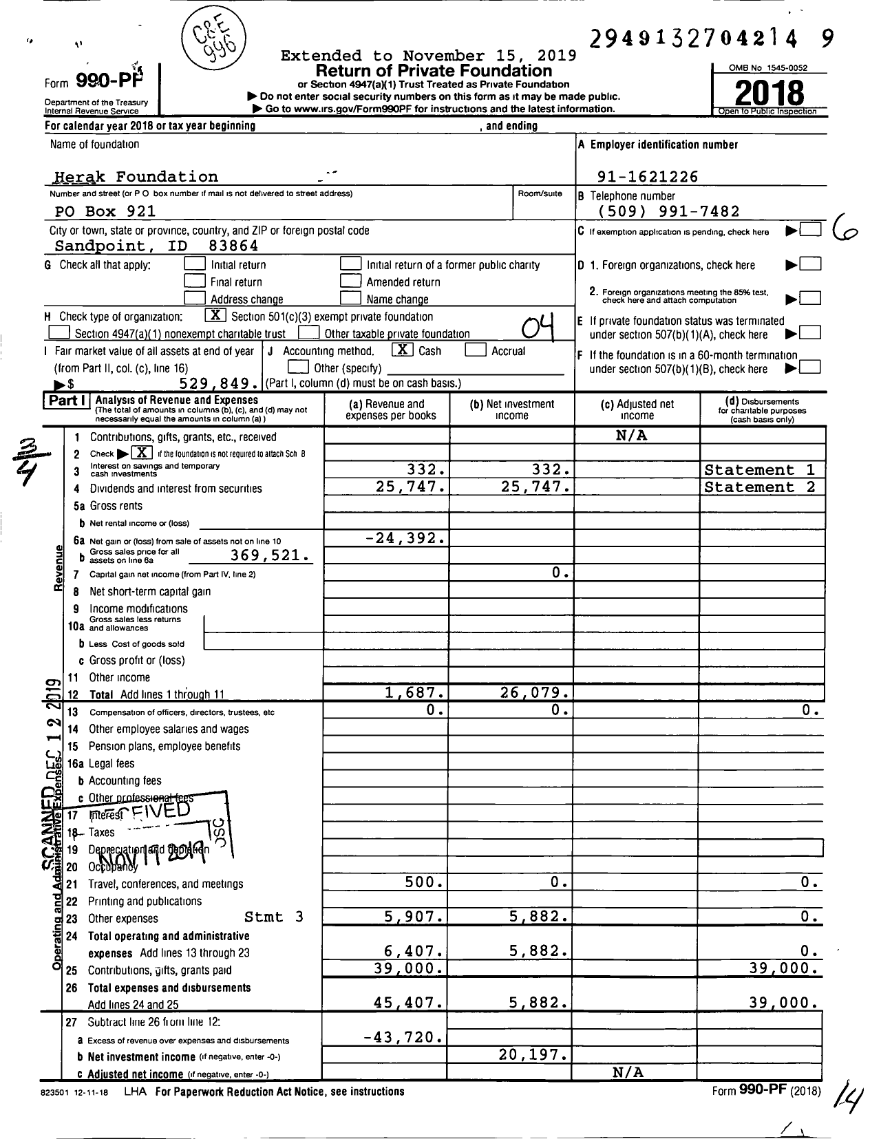 Image of first page of 2018 Form 990PF for Herak Foundation