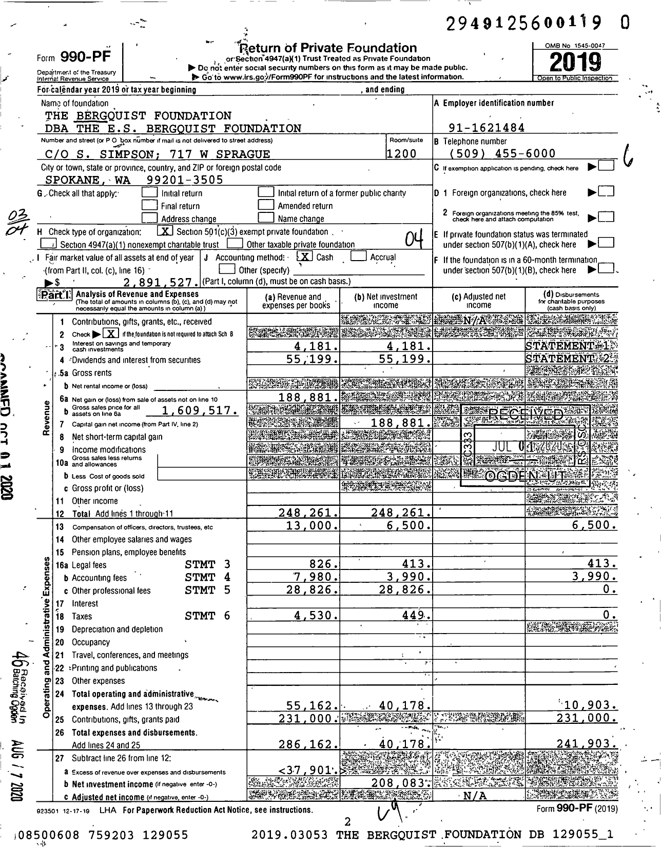 Image of first page of 2019 Form 990PR for The Bergquist Foundation Attn Eric Sachtjen