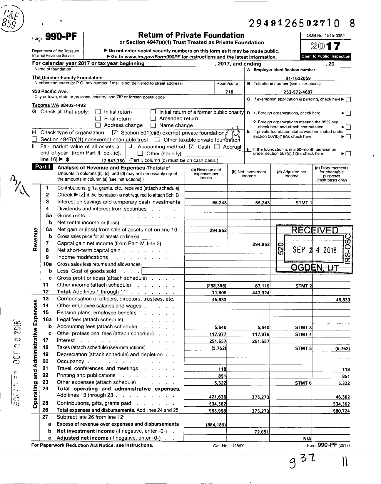 Image of first page of 2017 Form 990PF for The Dimmer Family Foundation