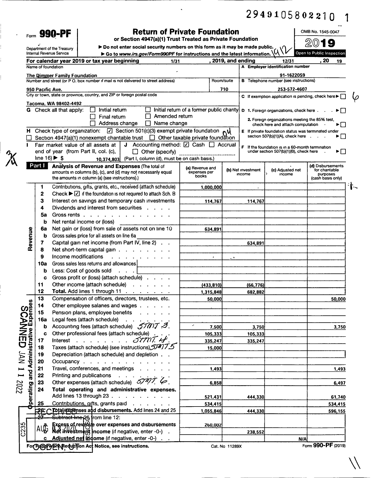 Image of first page of 2019 Form 990PF for The Dimmer Family Foundation