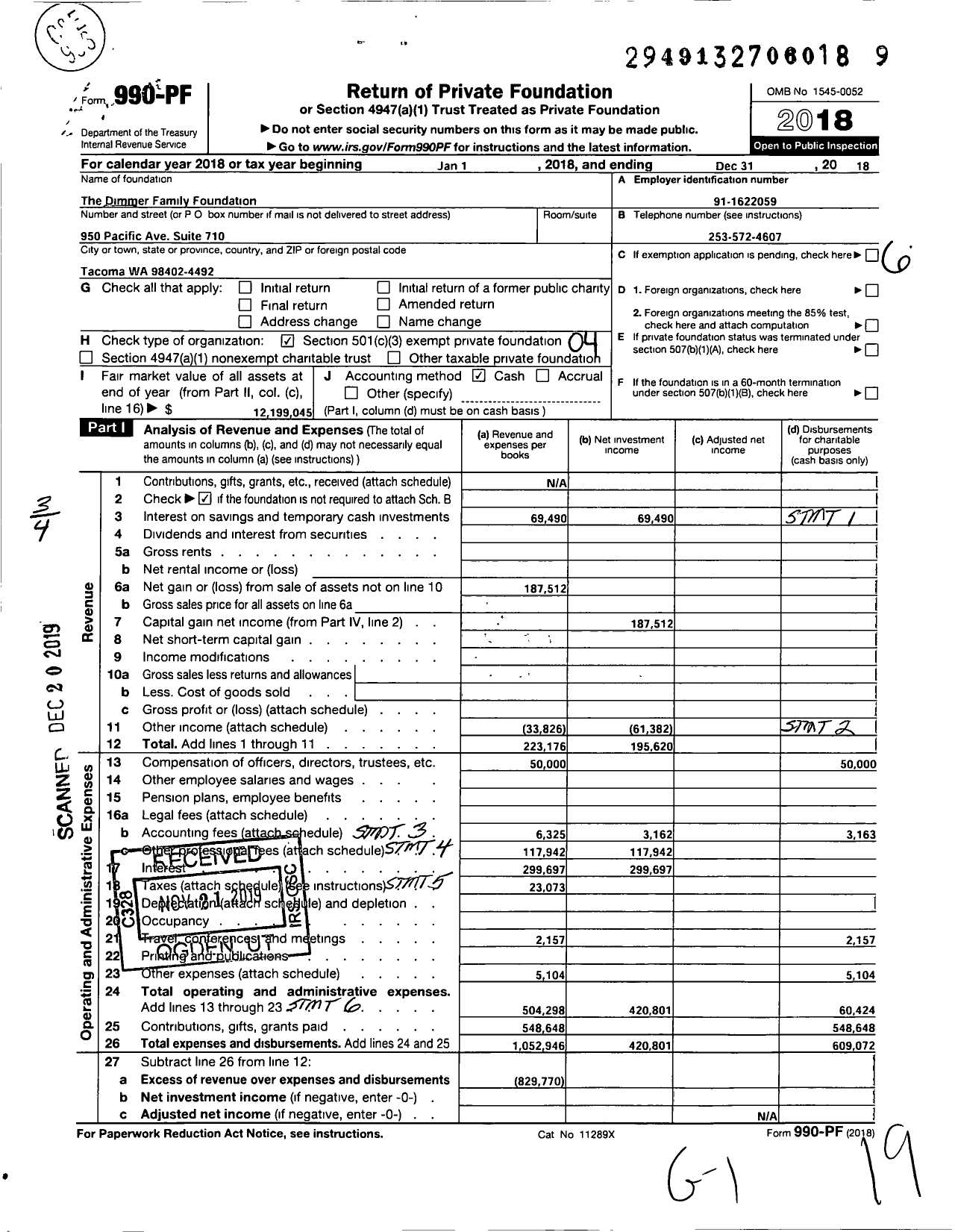 Image of first page of 2018 Form 990PF for The Dimmer Family Foundation