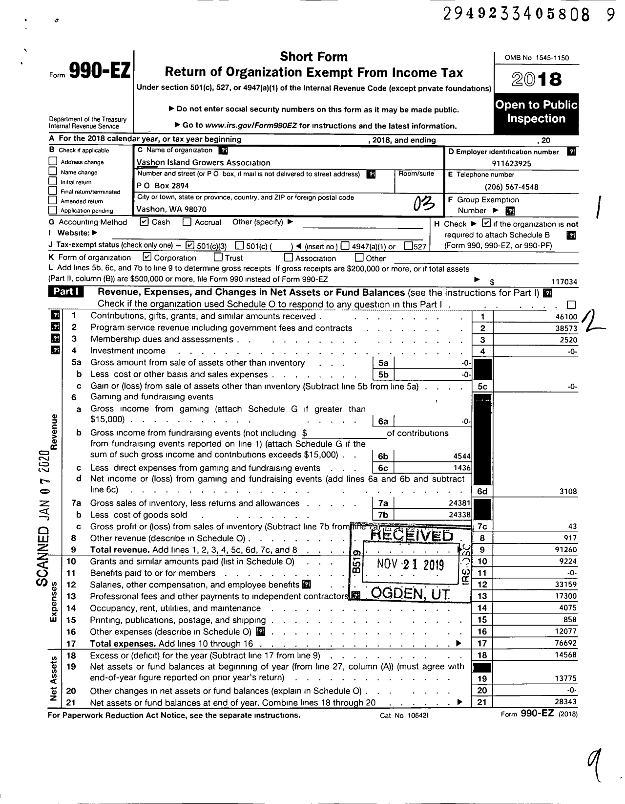 Image of first page of 2018 Form 990EZ for Vashon Island Growers Association