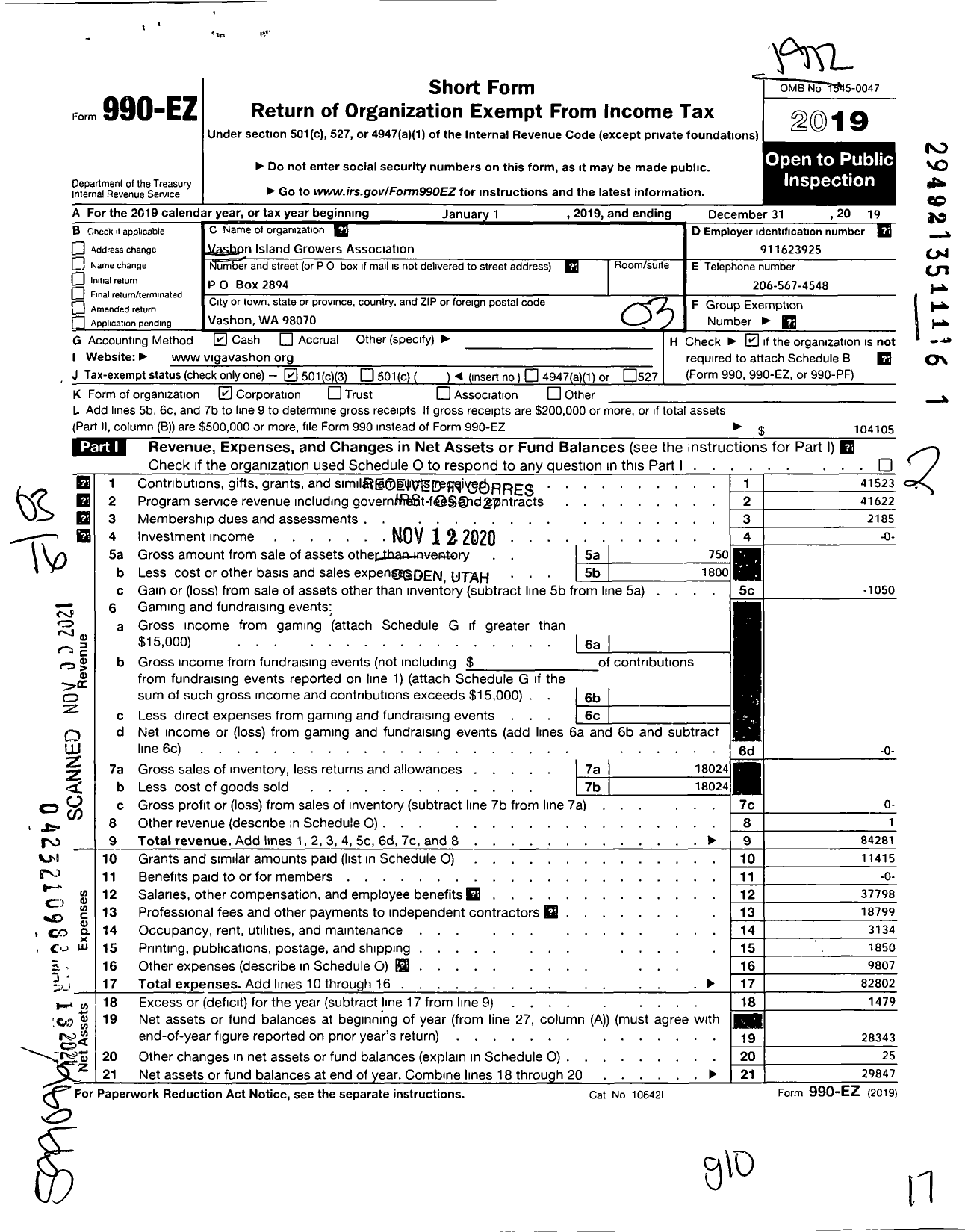 Image of first page of 2019 Form 990EZ for Vashon Island Growers Association