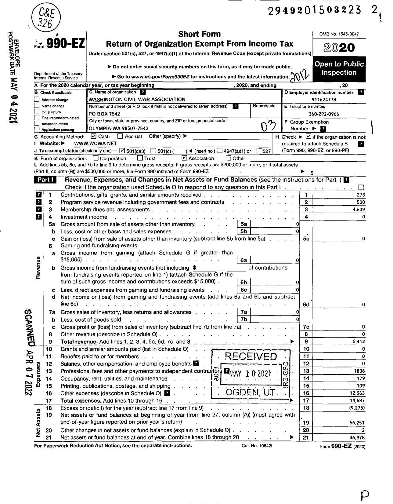 Image of first page of 2020 Form 990EZ for Washington Civil War Association