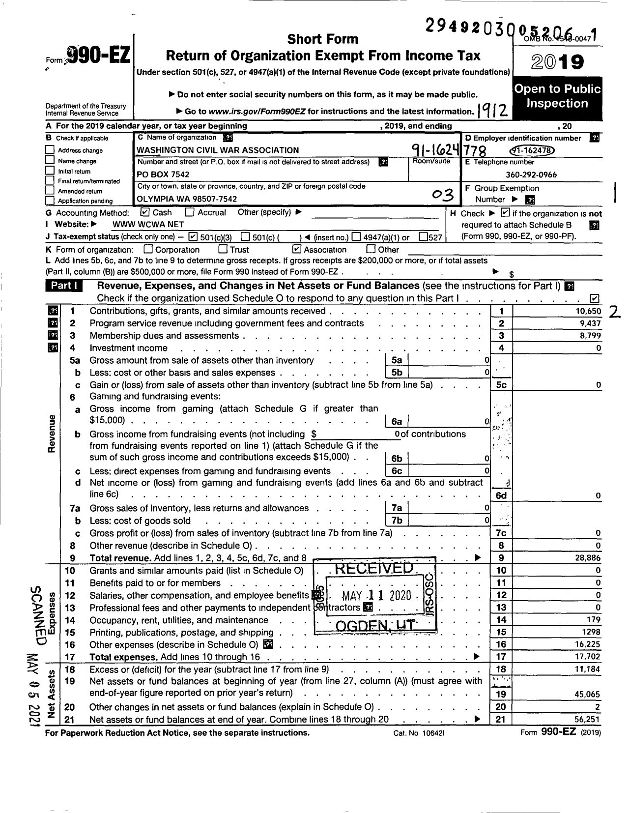 Image of first page of 2019 Form 990EZ for Washington Civil War Association