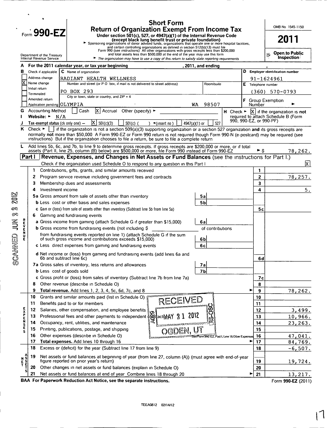 Image of first page of 2011 Form 990EZ for Radiant Health Wellness