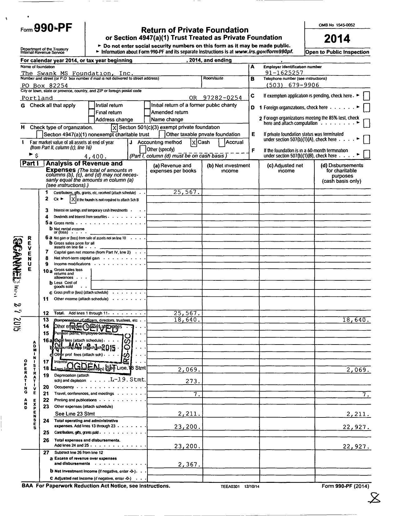 Image of first page of 2014 Form 990PF for The Swank MS Foundation