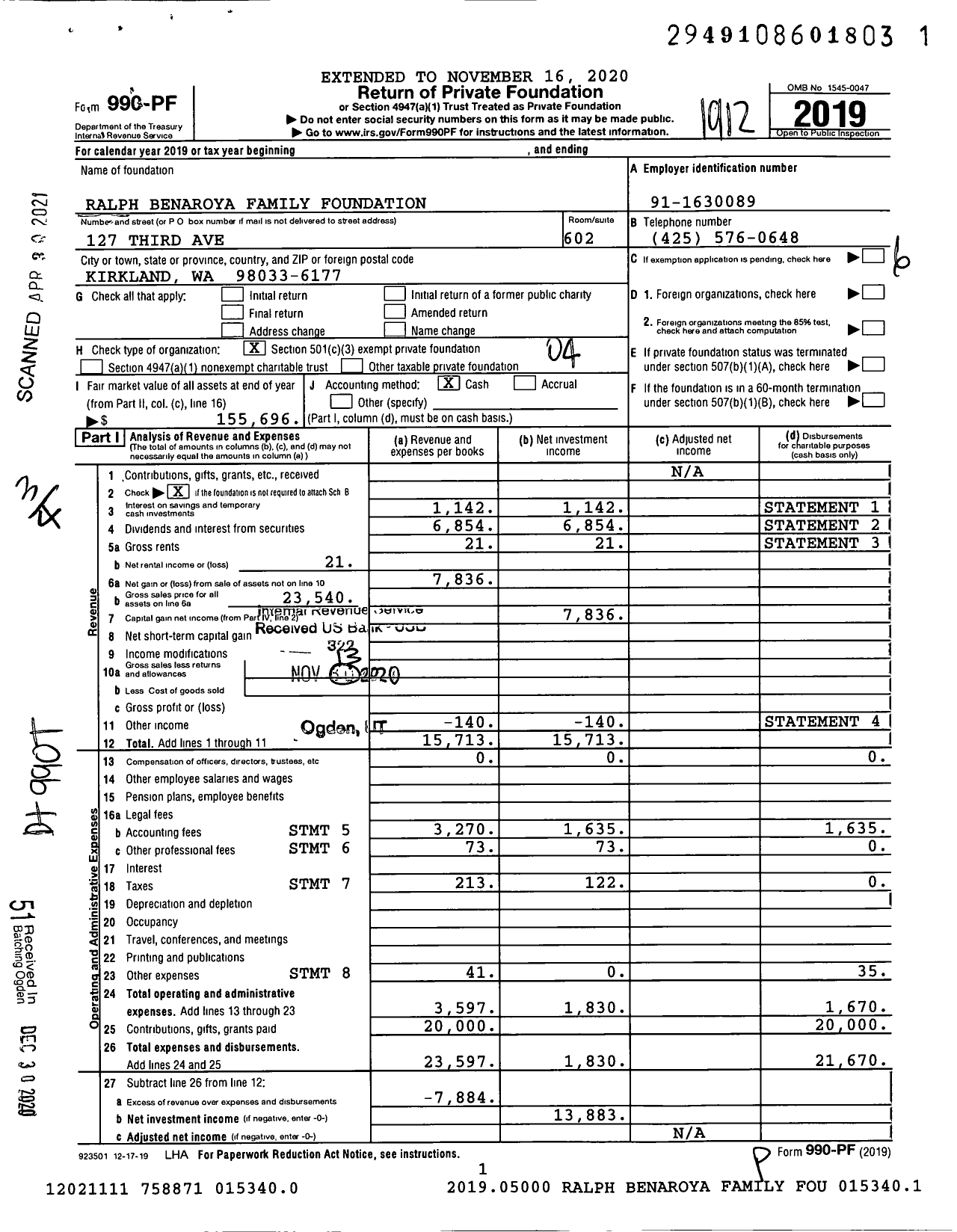 Image of first page of 2019 Form 990PF for Ralph Benaroya Family Foundation