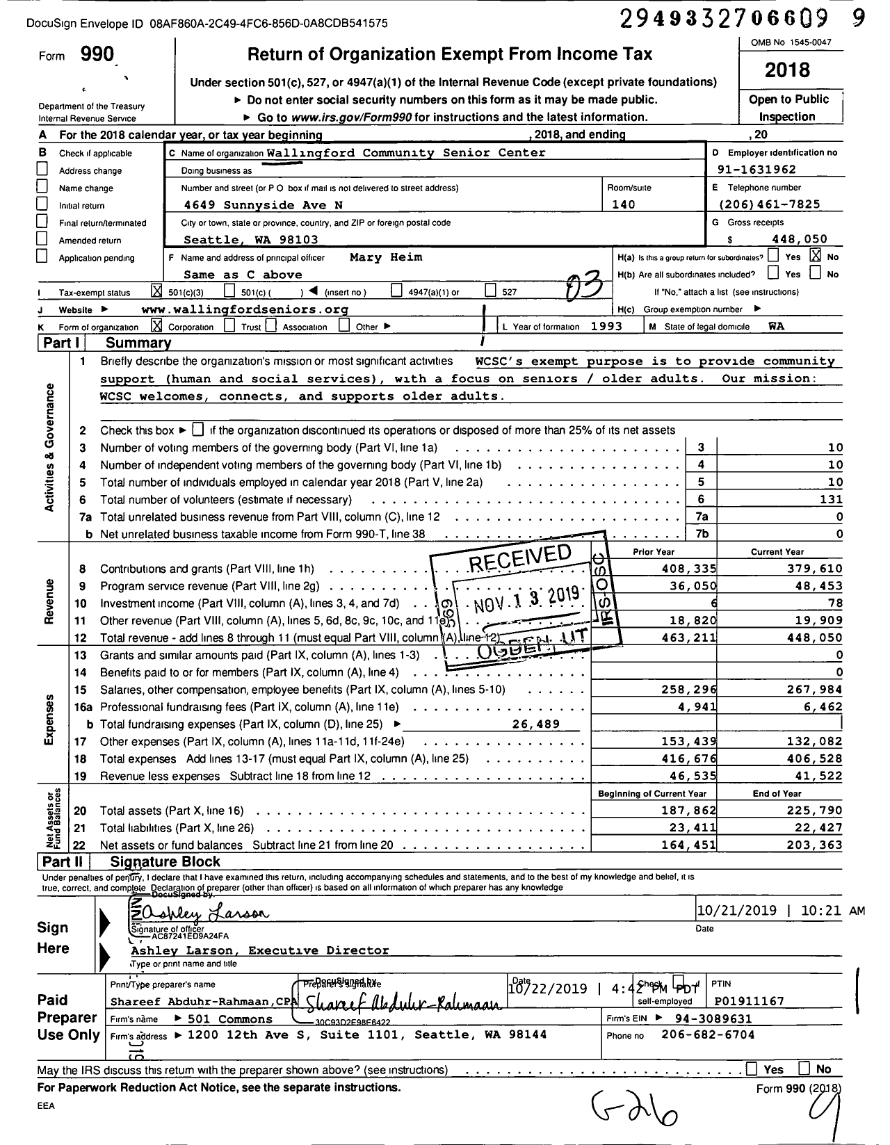 Image of first page of 2018 Form 990 for Wallingford Community Senior Center