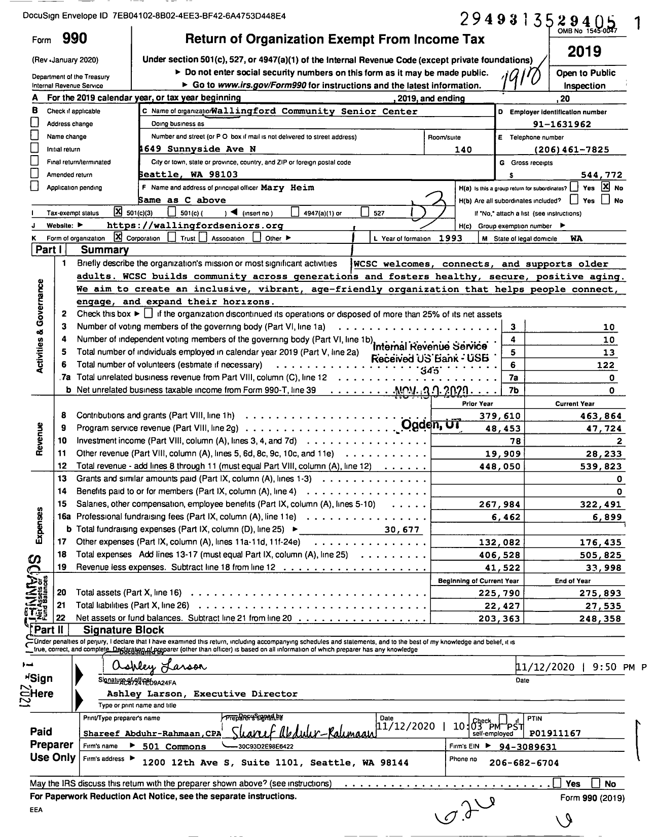 Image of first page of 2019 Form 990 for Wallingford Community Senior Center