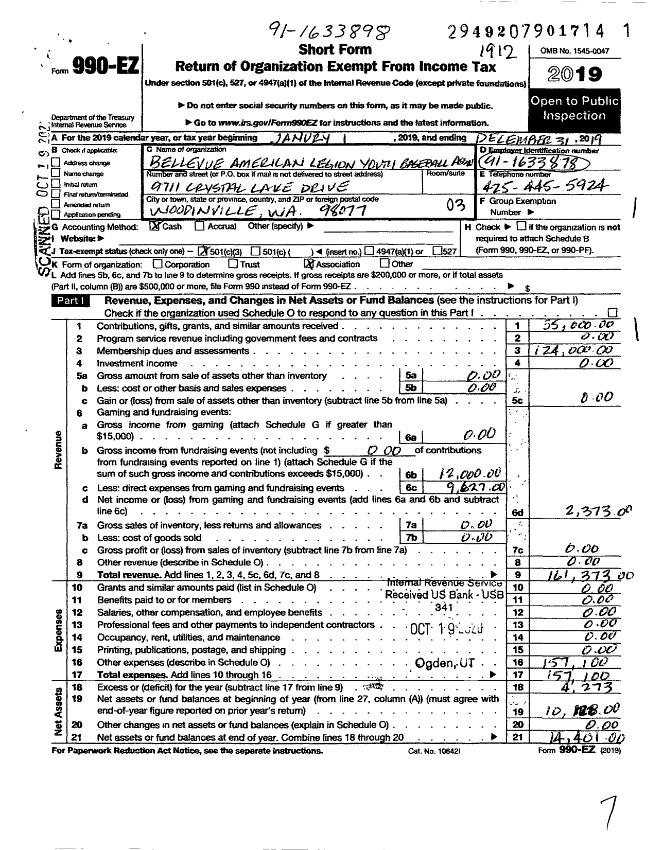 Image of first page of 2019 Form 990EZ for Bellevue American Legion Youth Baseball Association