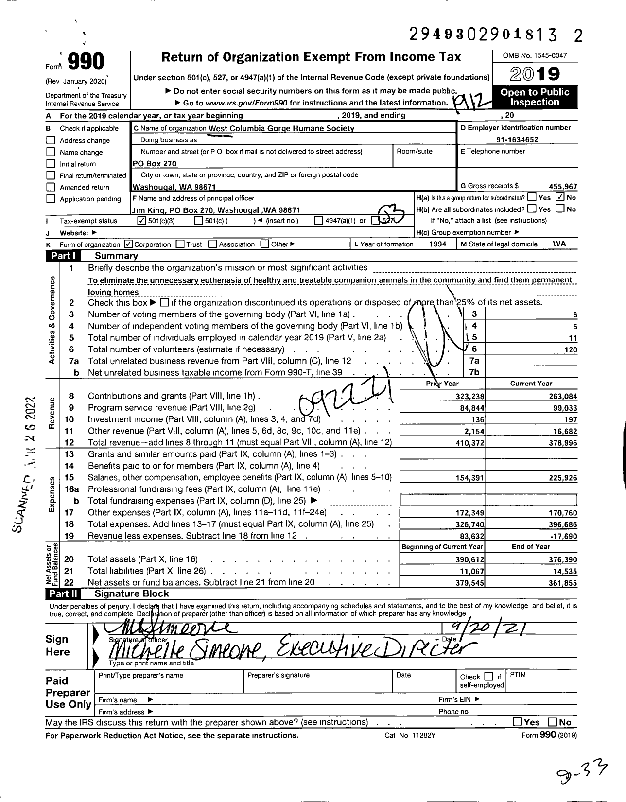 Image of first page of 2019 Form 990 for West Columbia Gorge Humane Society