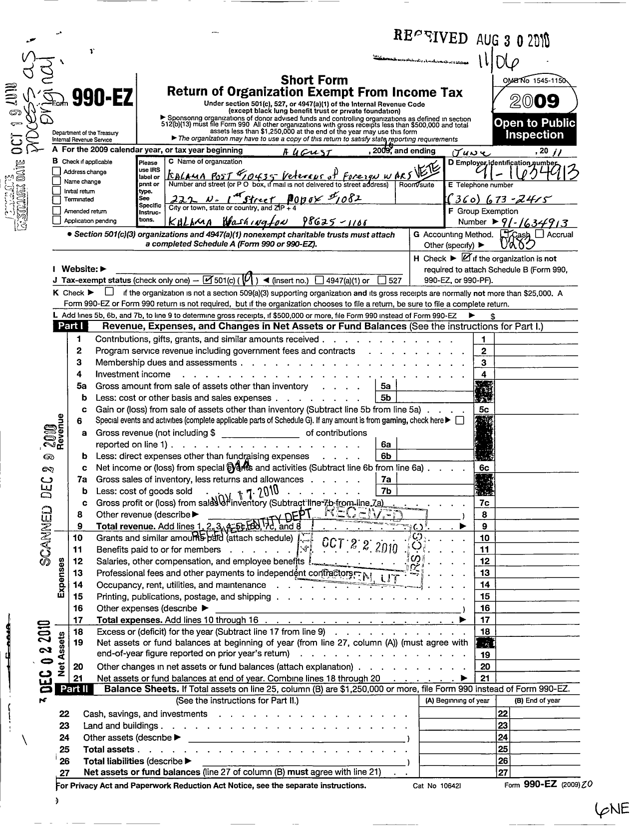 Image of first page of 2010 Form 990EO for VFW Department of Washington - 10435 Kalama