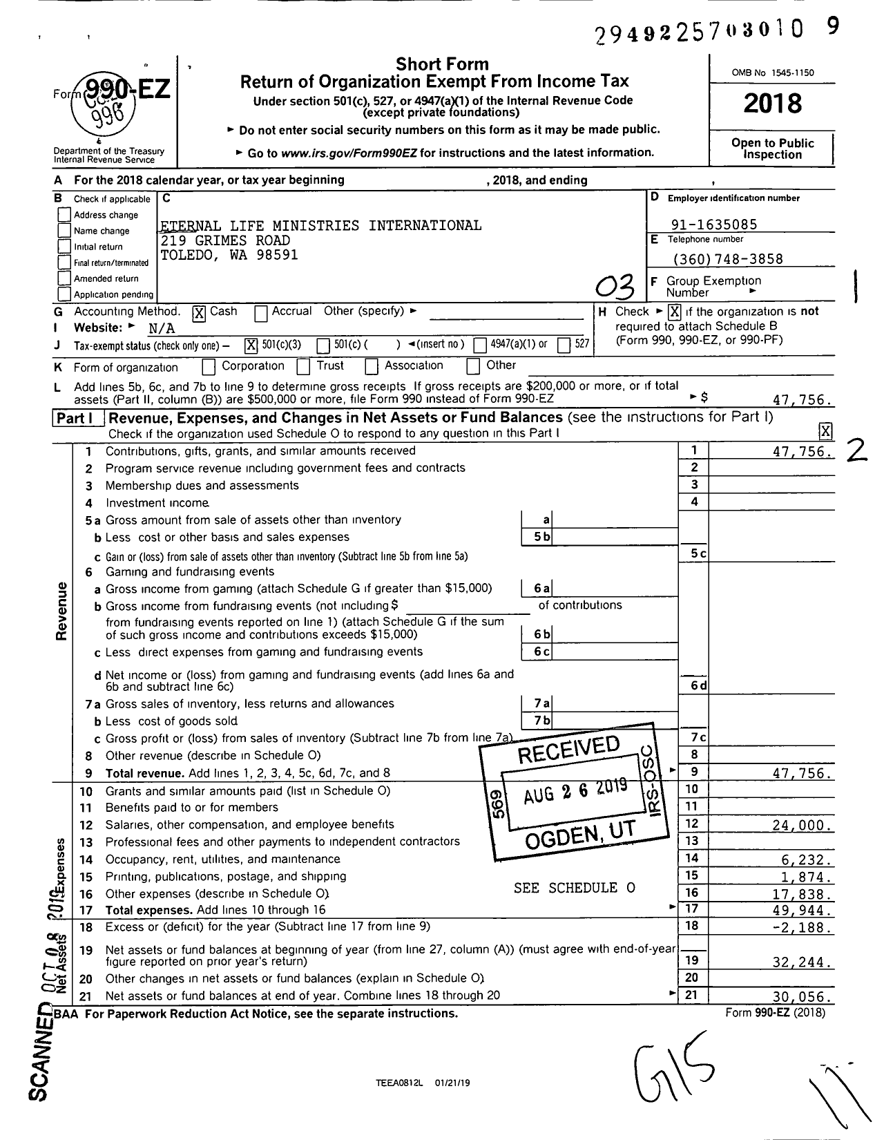 Image of first page of 2018 Form 990EZ for Eternal Life Ministries International