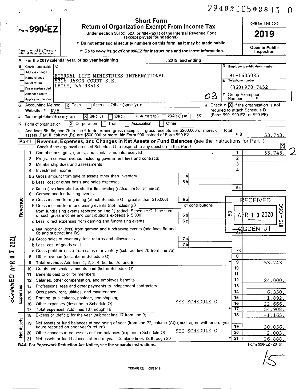 Image of first page of 2019 Form 990EZ for Eternal Life Ministries International