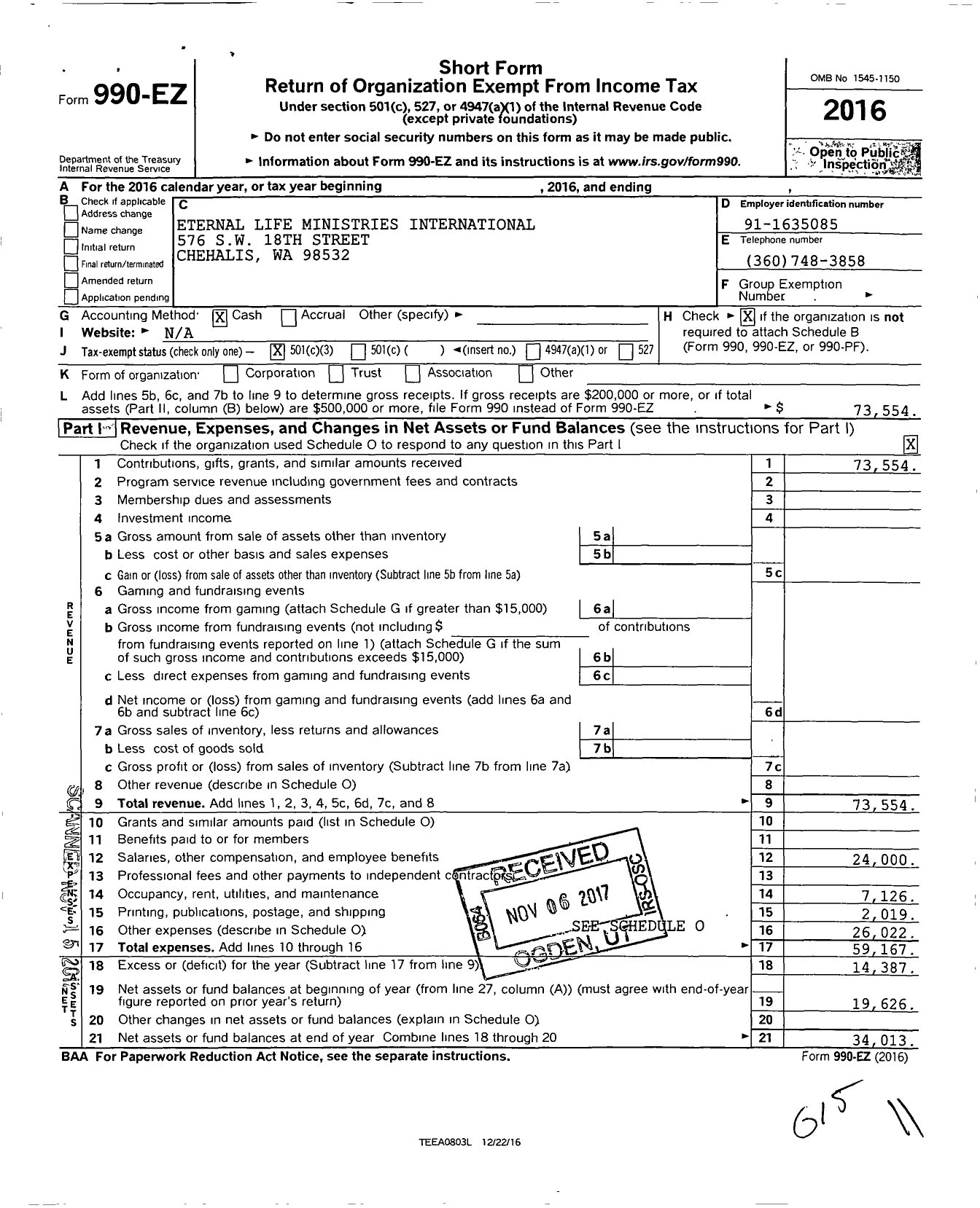 Image of first page of 2016 Form 990EZ for Eternal Life Ministries International