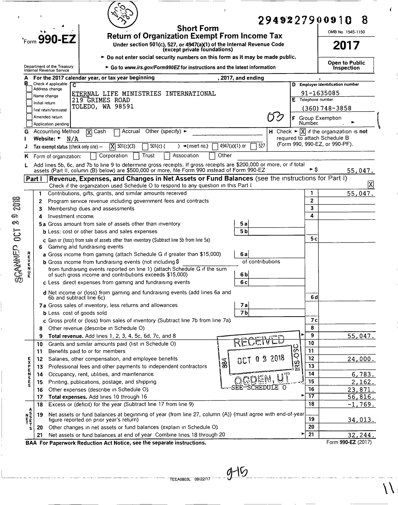 Image of first page of 2017 Form 990EZ for Eternal Life Ministries International