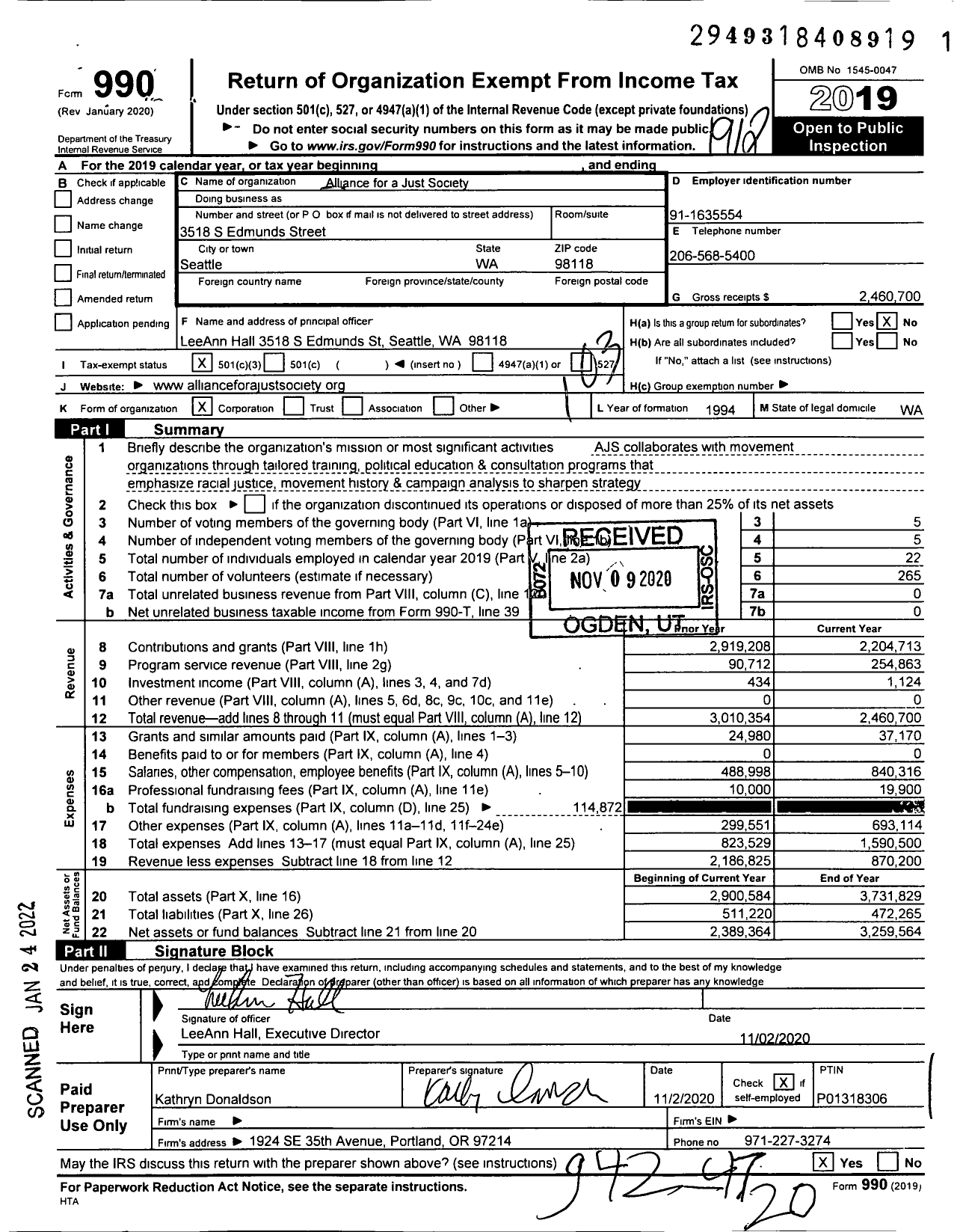 Image of first page of 2019 Form 990 for Alliance for a Just Society