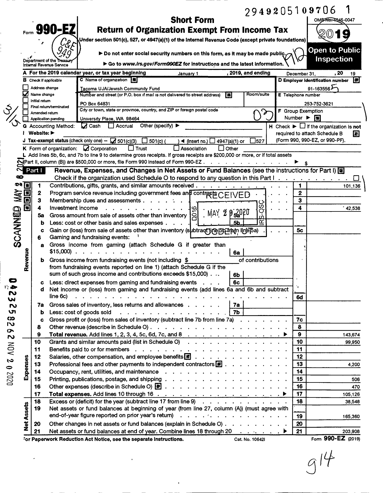 Image of first page of 2019 Form 990EZ for Tacoma UJAJewish Community Fund Tacoma Jewish Community Fund