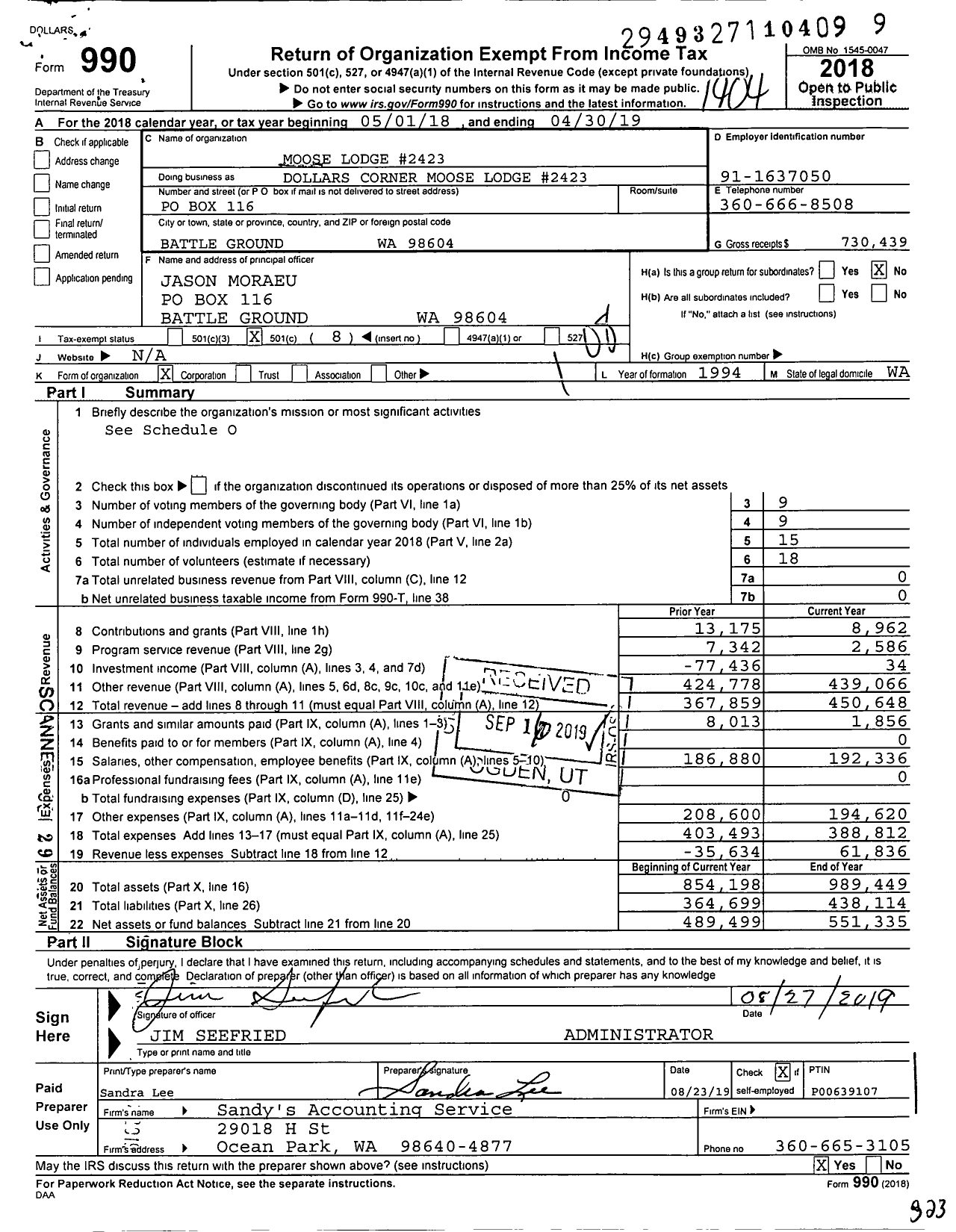 Image of first page of 2018 Form 990O for Loyal Order of Moose - Dollars Corner Moose Lodge Number 2423