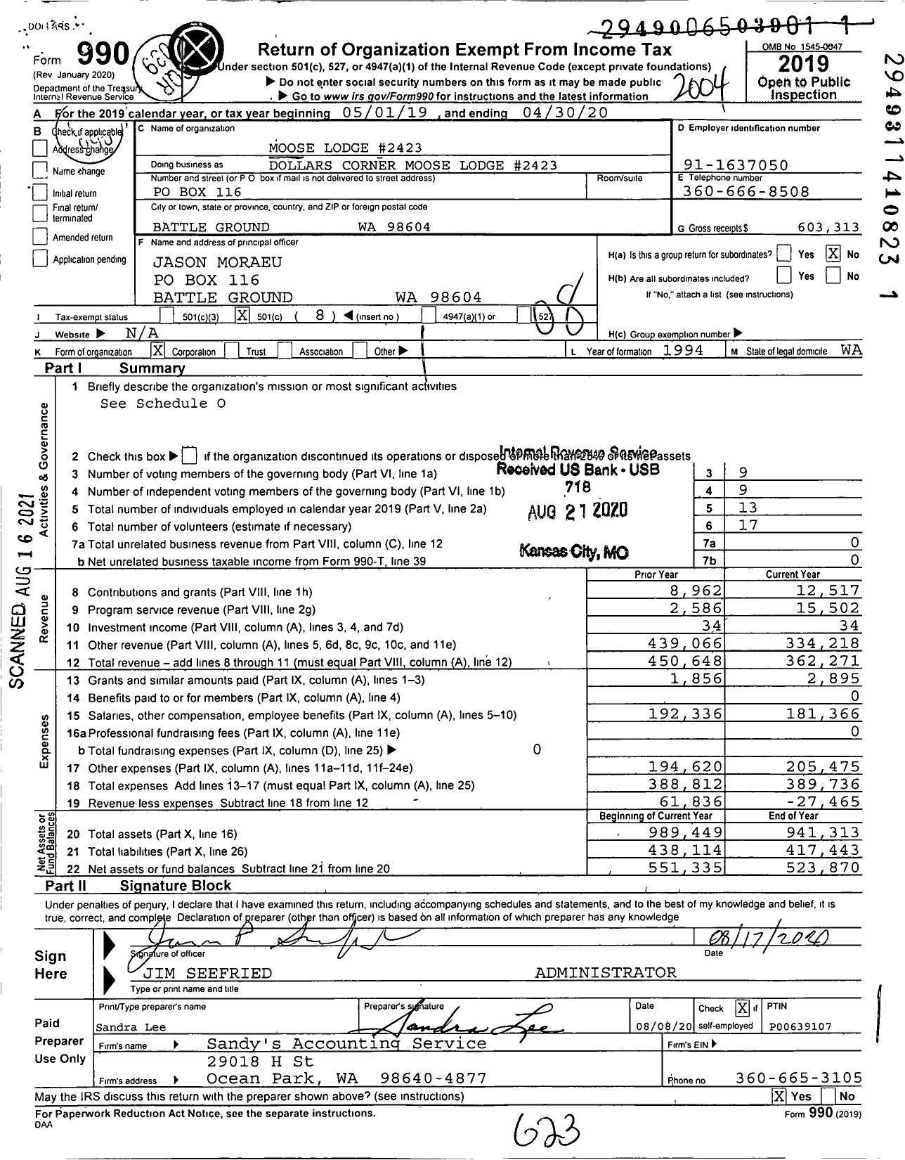 Image of first page of 2019 Form 990O for Loyal Order of Moose - Dollars Corner Moose Lodge Number 2423