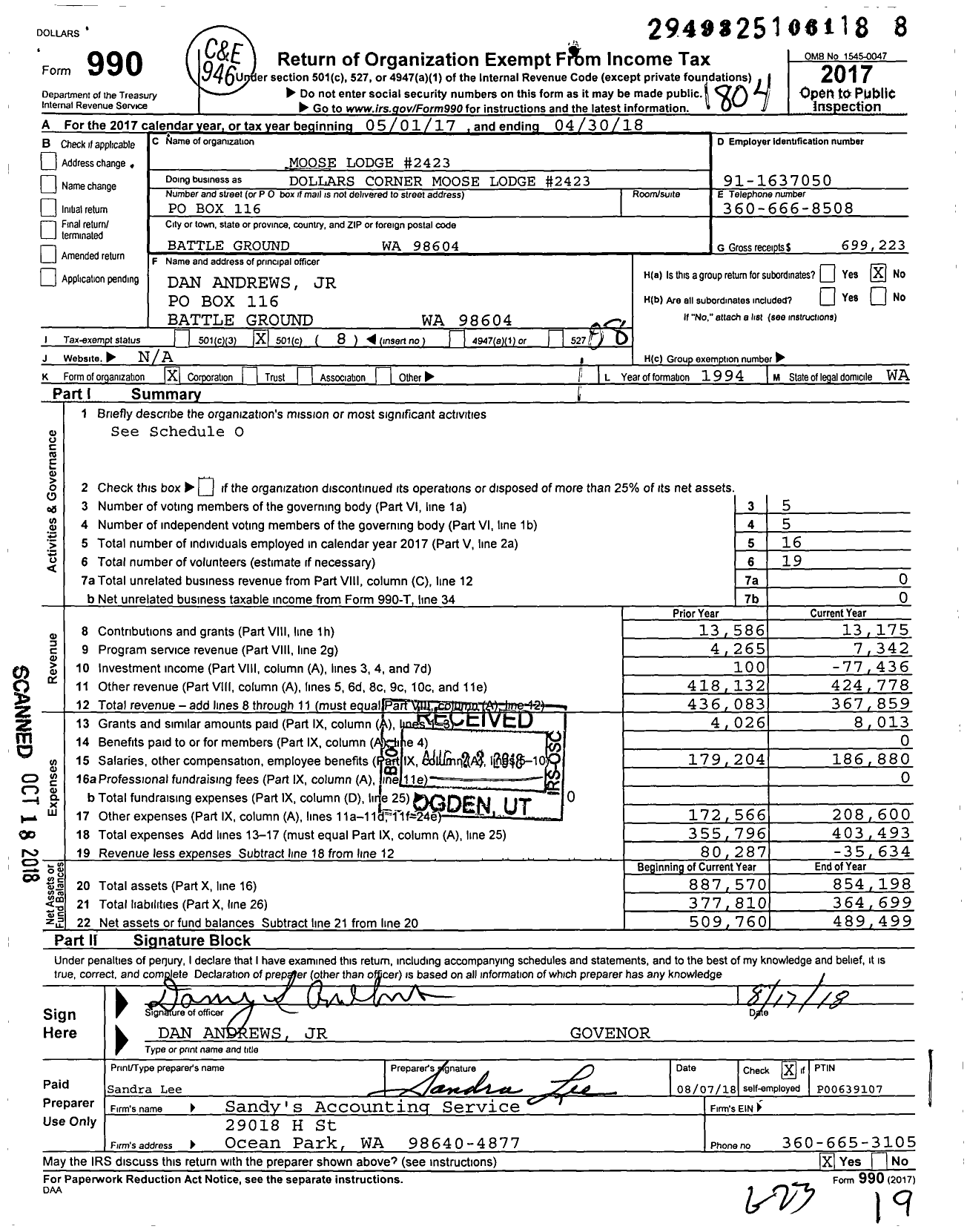 Image of first page of 2017 Form 990O for Loyal Order of Moose - Dollars Corner Moose Lodge Number 2423