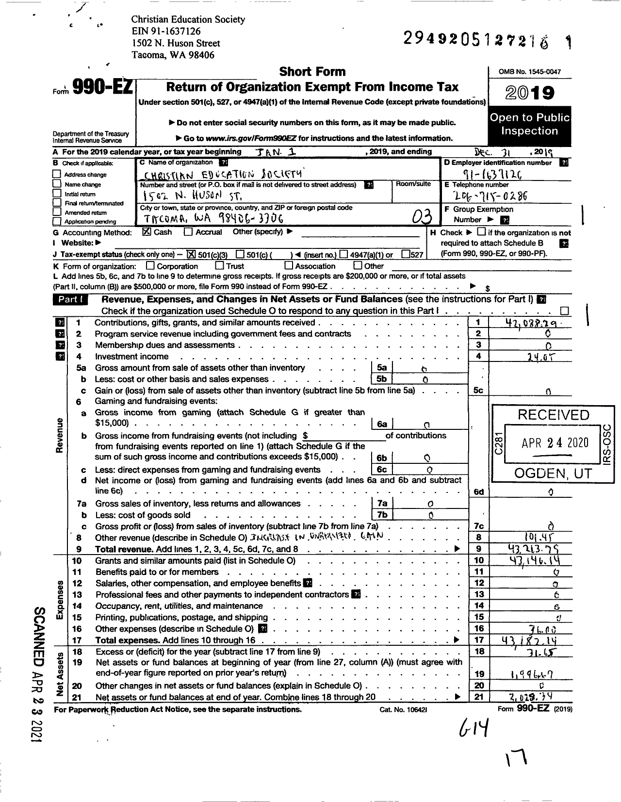 Image of first page of 2019 Form 990EZ for Christian Education Society