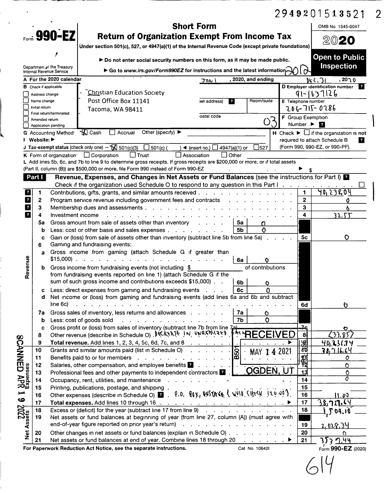 Image of first page of 2020 Form 990EZ for Christian Education Society