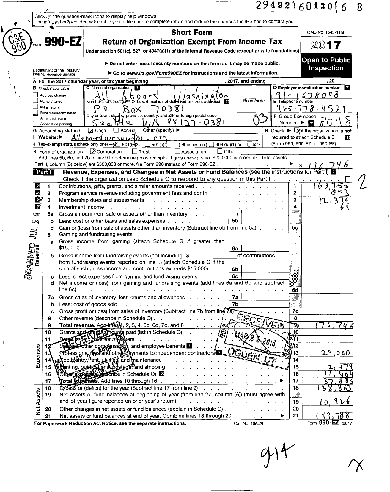 Image of first page of 2017 Form 990EZ for All Aboard Washington