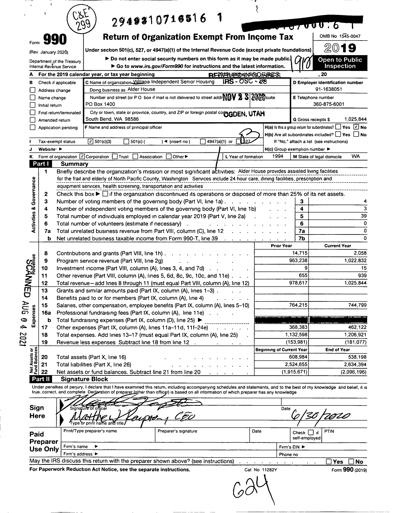 Image of first page of 2019 Form 990 for Alder House