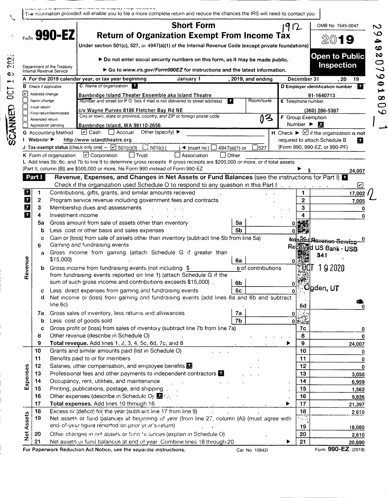 Image of first page of 2019 Form 990EZ for Bainbridge Island Theater Ensemble