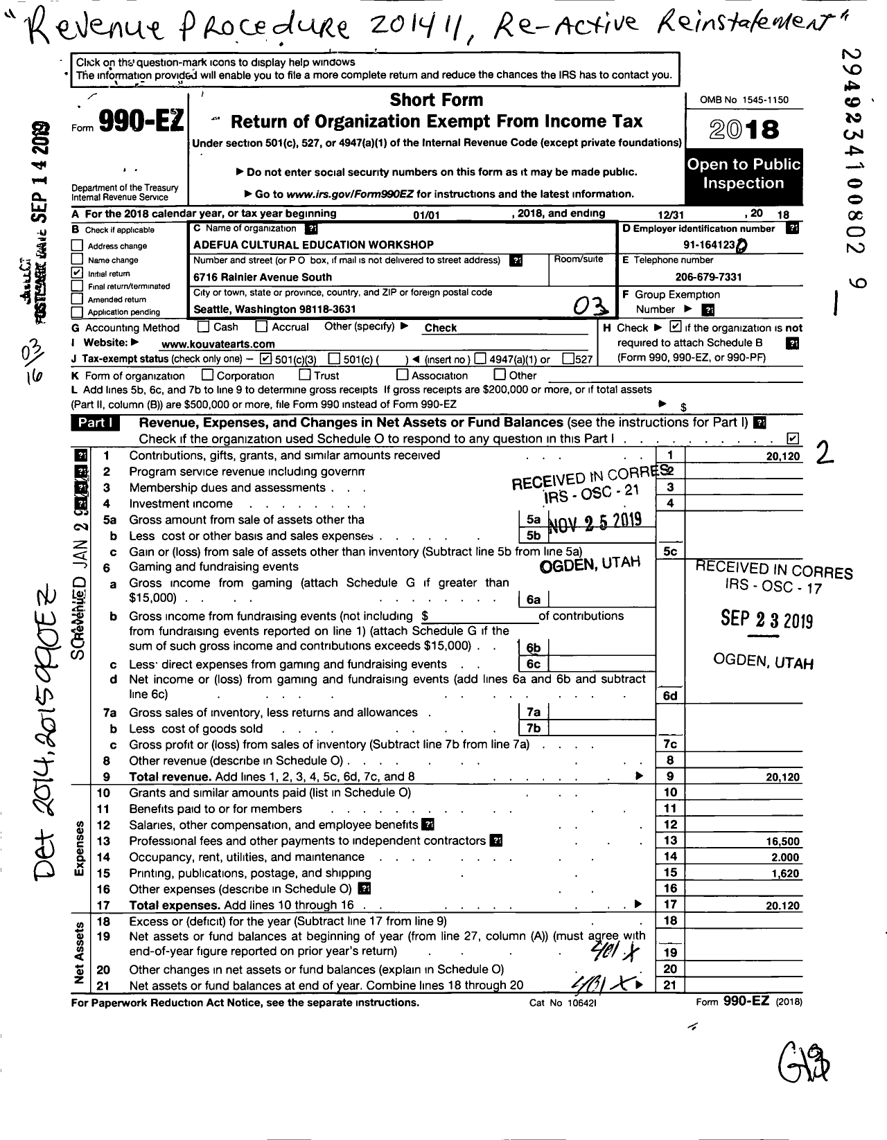 Image of first page of 2018 Form 990EZ for Adefua Cultural Education Workshop