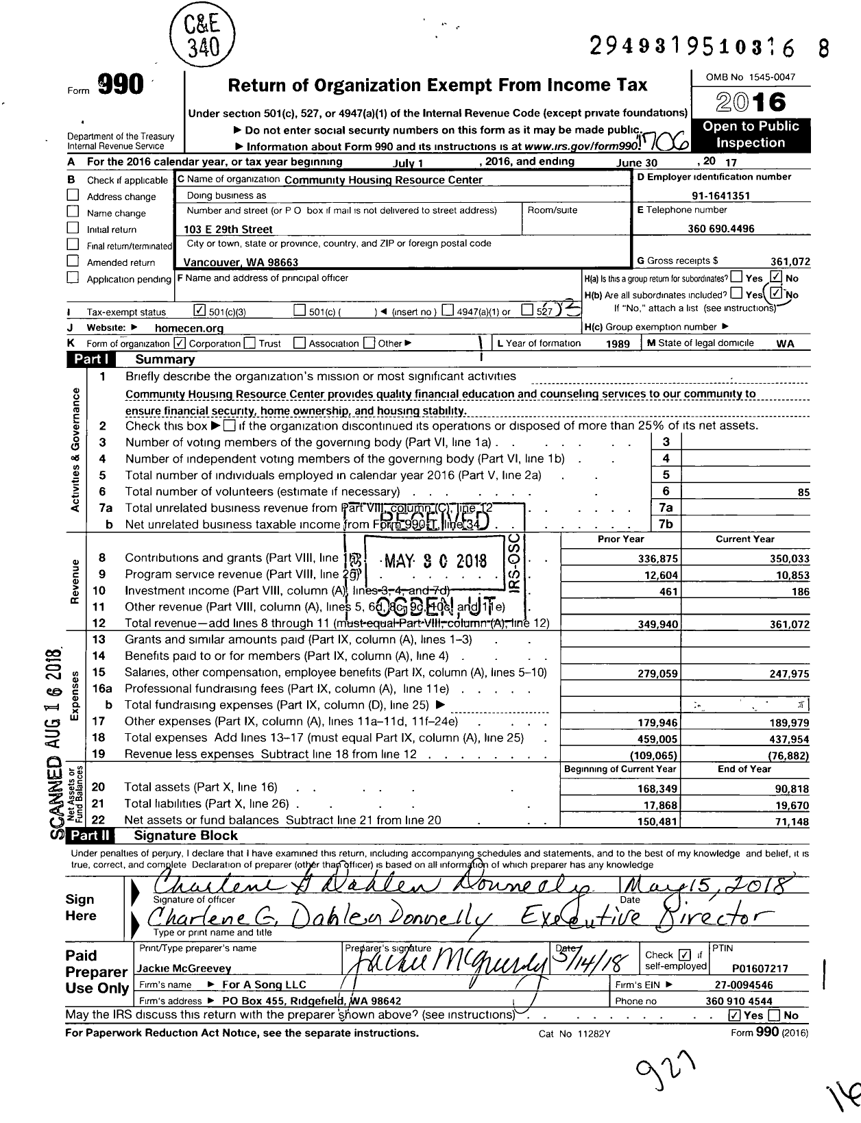 Image of first page of 2016 Form 990 for Lighthouse Resource Center