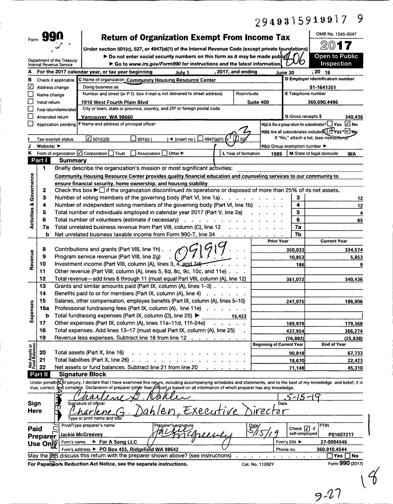 Image of first page of 2017 Form 990 for Lighthouse Resource Center